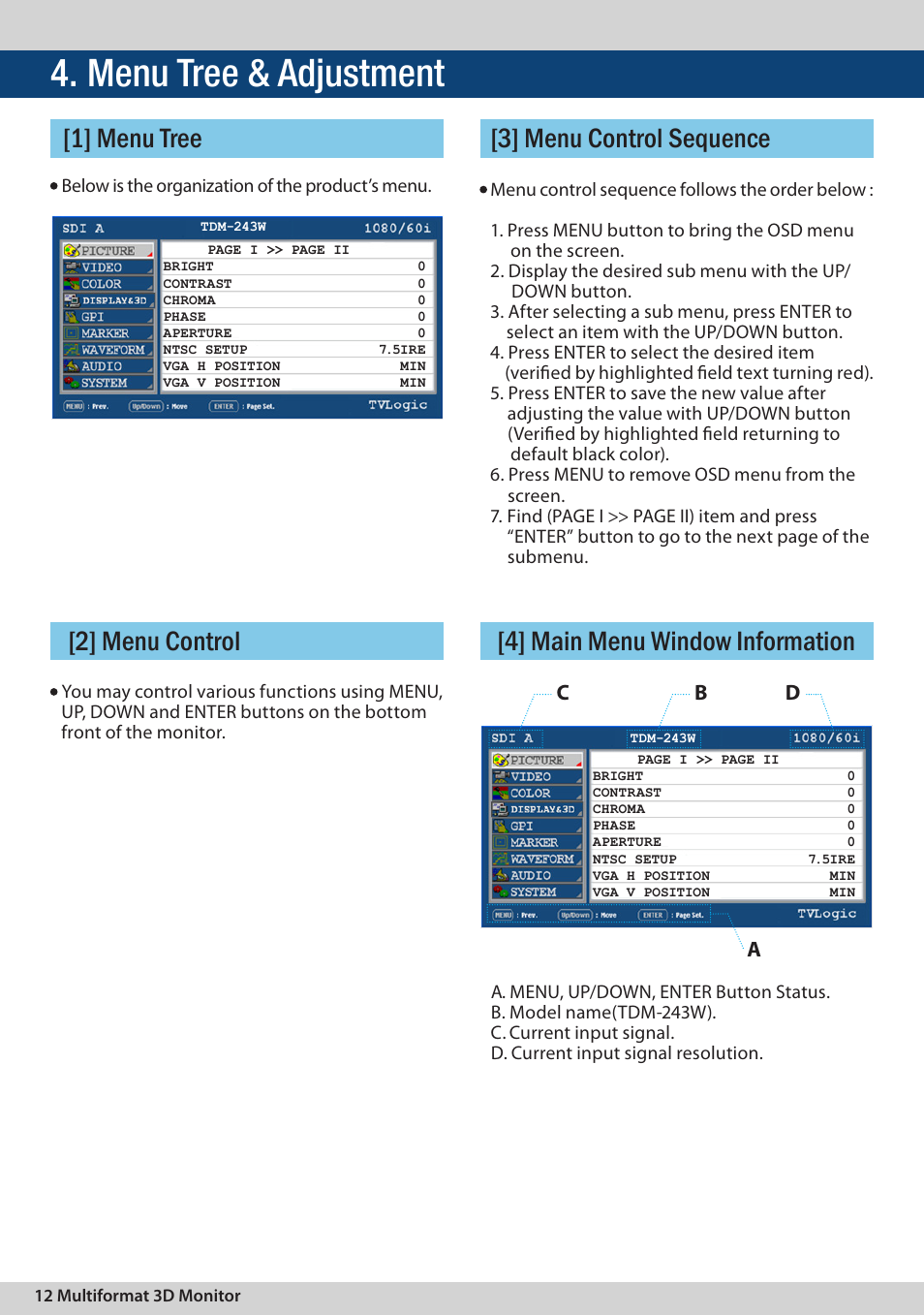 Menu tree & adjustment, Cb d | TVLogic TDM-243W User Manual | Page 12 / 36