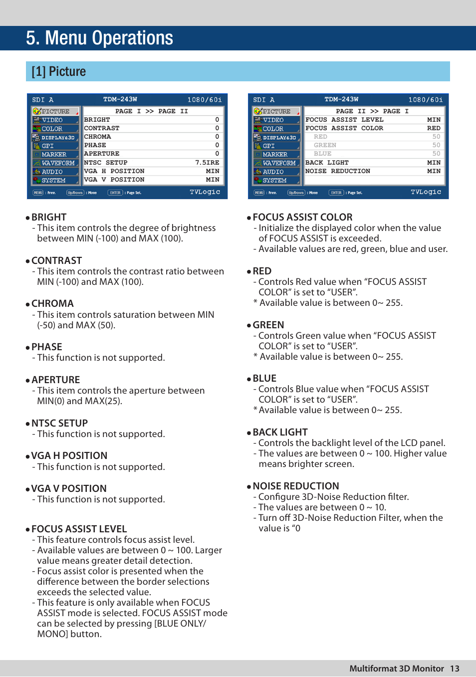 Menu operations, 1] picture | TVLogic TDM-243W User Manual | Page 13 / 36
