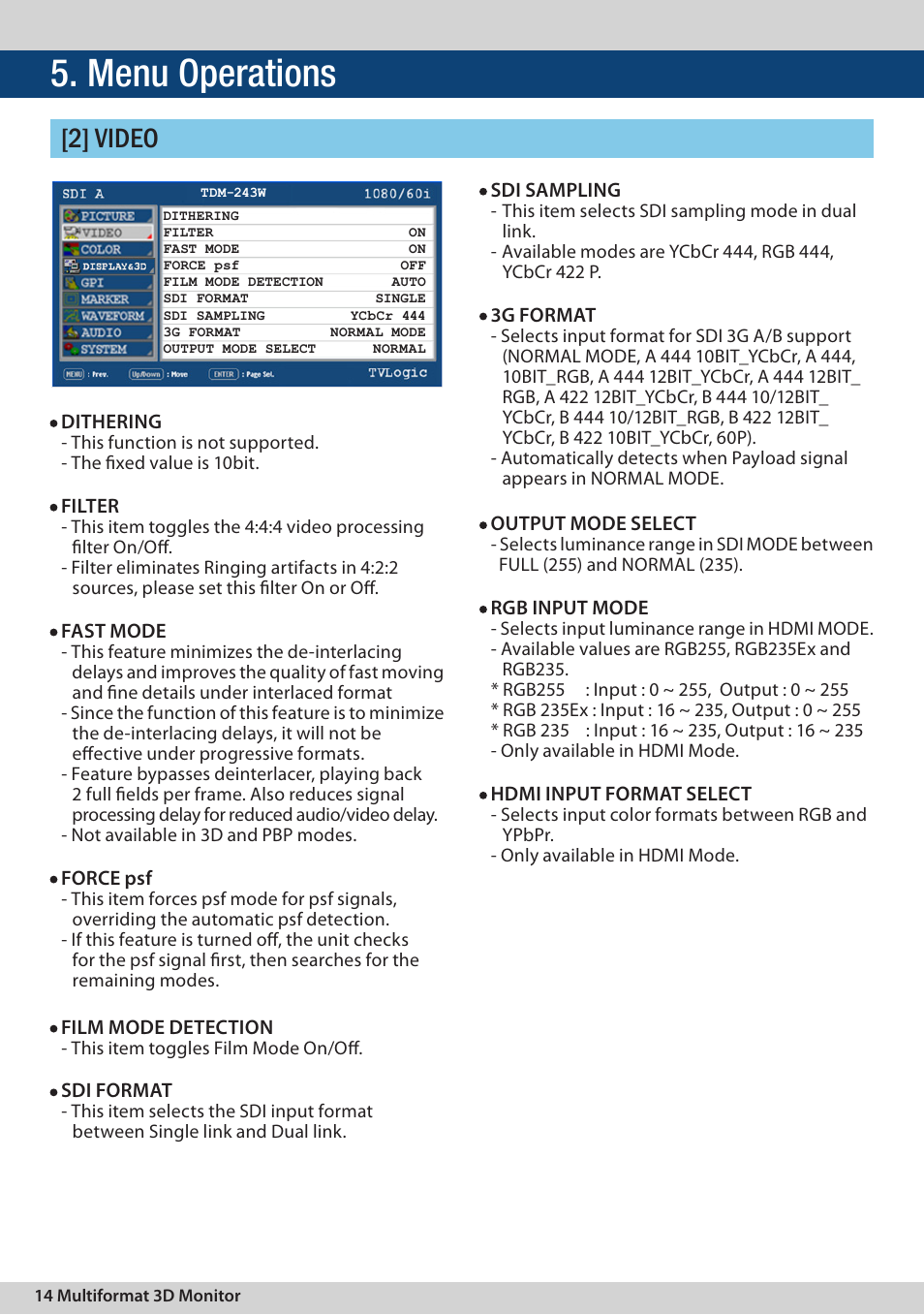 Menu operations, 2] video | TVLogic TDM-243W User Manual | Page 14 / 36