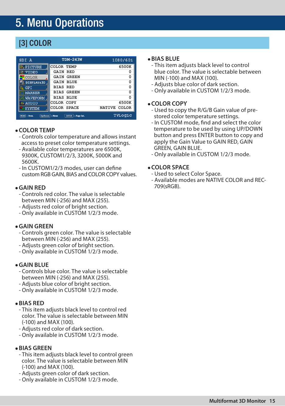 Menu operations, 3] color | TVLogic TDM-243W User Manual | Page 15 / 36