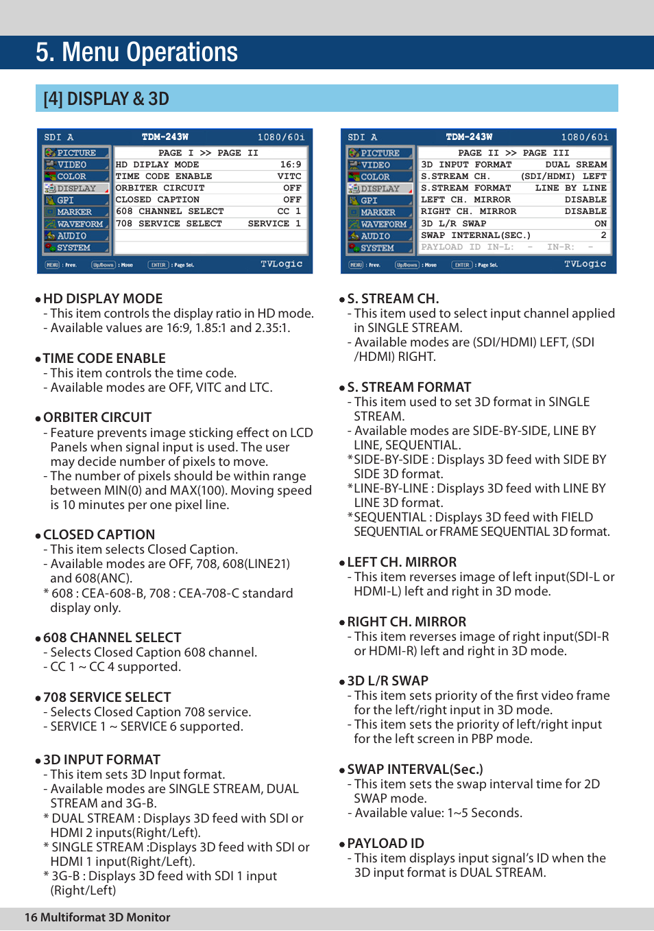 Menu operations, 4] display & 3d | TVLogic TDM-243W User Manual | Page 16 / 36