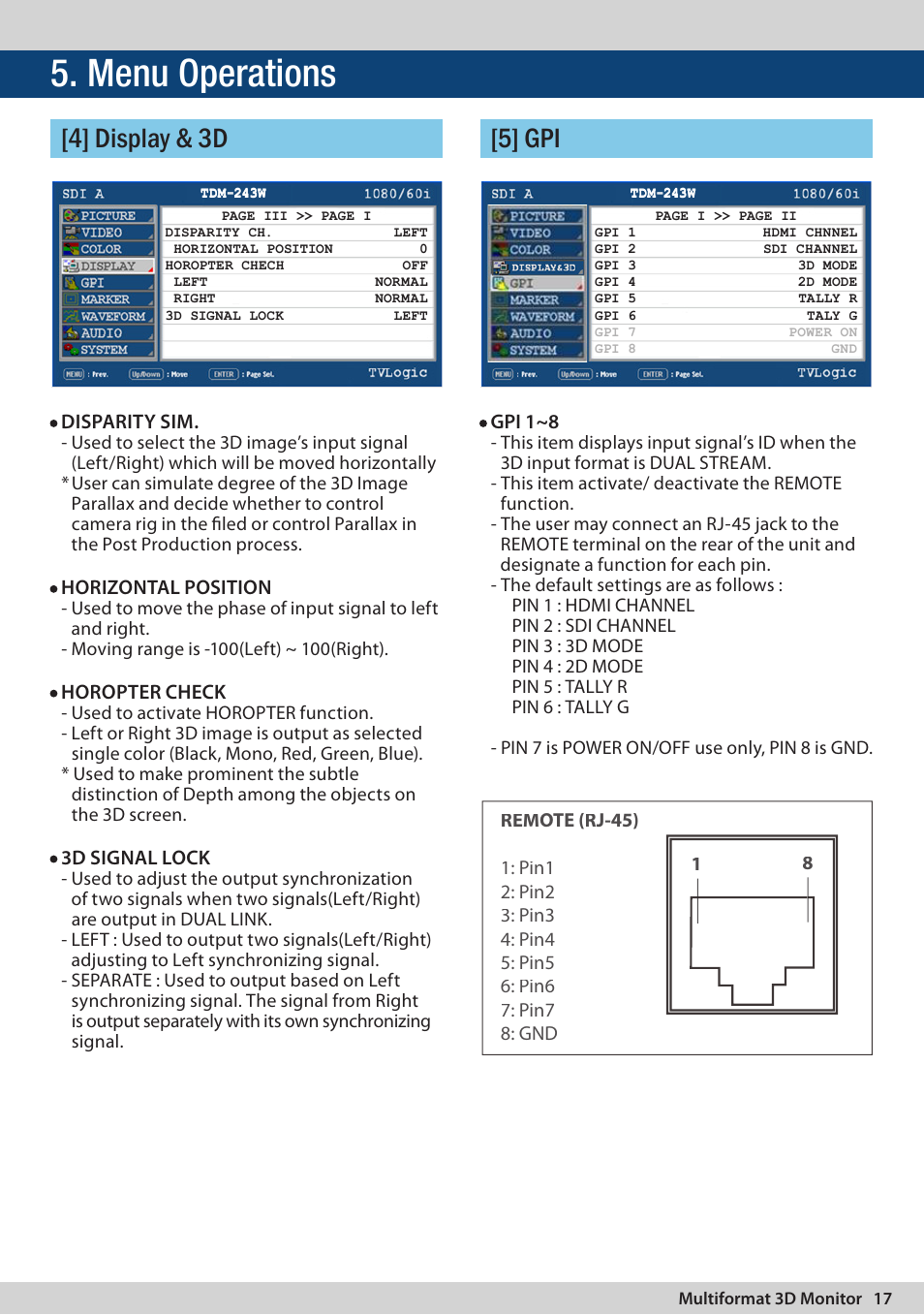 Menu operations, 4] display & 3d [5] gpi | TVLogic TDM-243W User Manual | Page 17 / 36