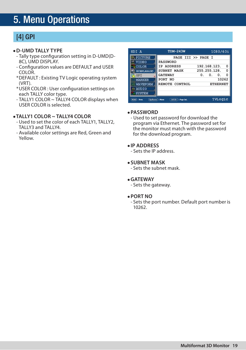 Menu operations, 4] gpi | TVLogic TDM-243W User Manual | Page 19 / 36