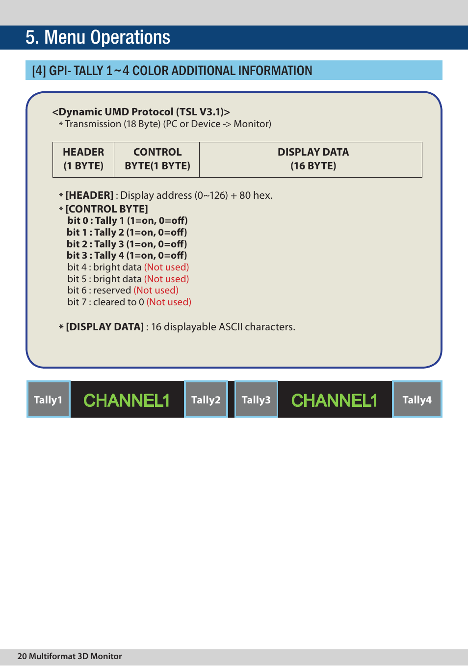 Menu operations, Channel1, 4] gpi- tally 1~4 color additional information | TVLogic TDM-243W User Manual | Page 20 / 36