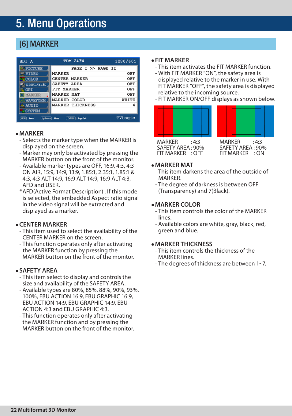 Menu operations, 6] marker | TVLogic TDM-243W User Manual | Page 22 / 36