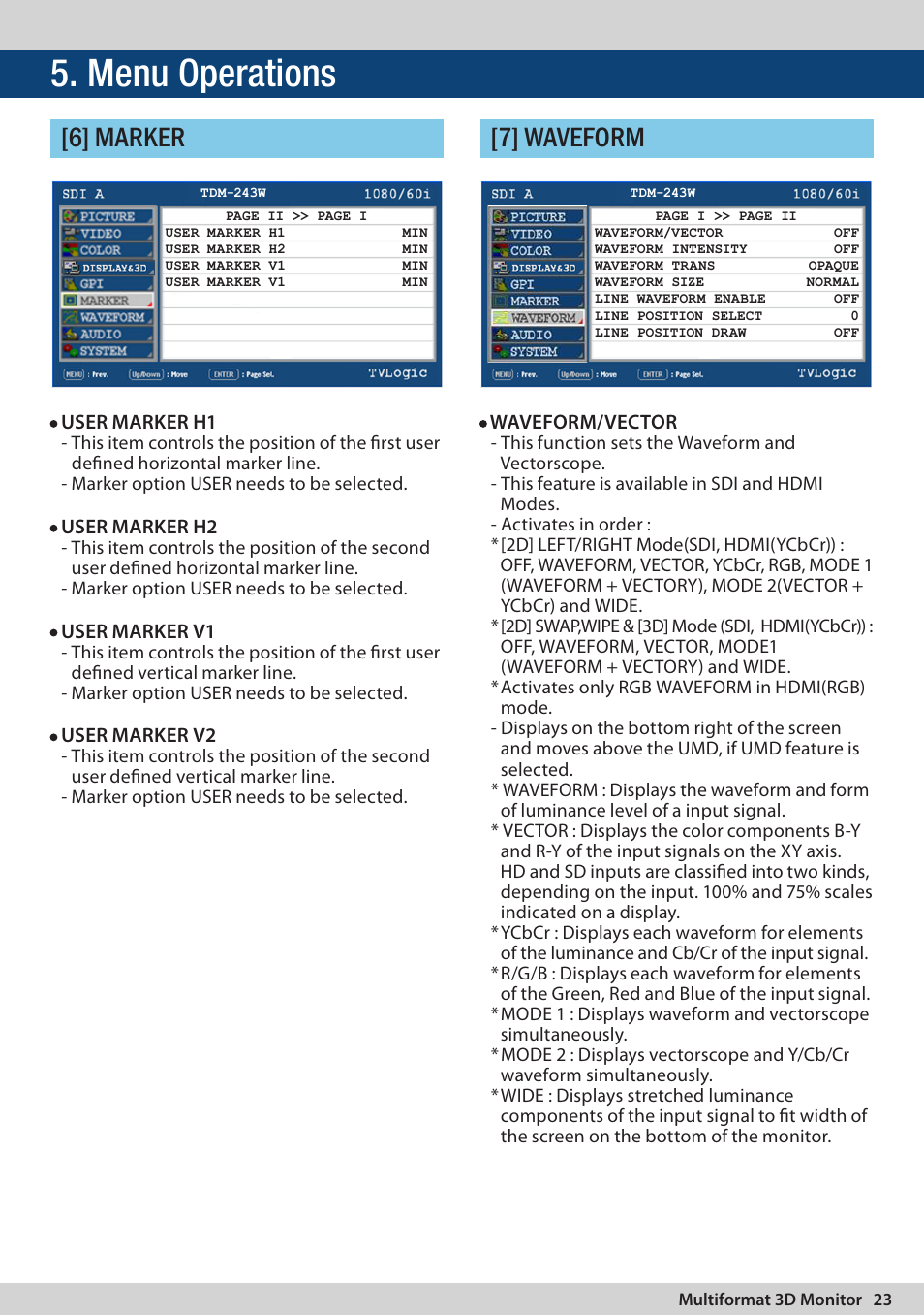 Menu operations, 6] marker [7] waveform | TVLogic TDM-243W User Manual | Page 23 / 36