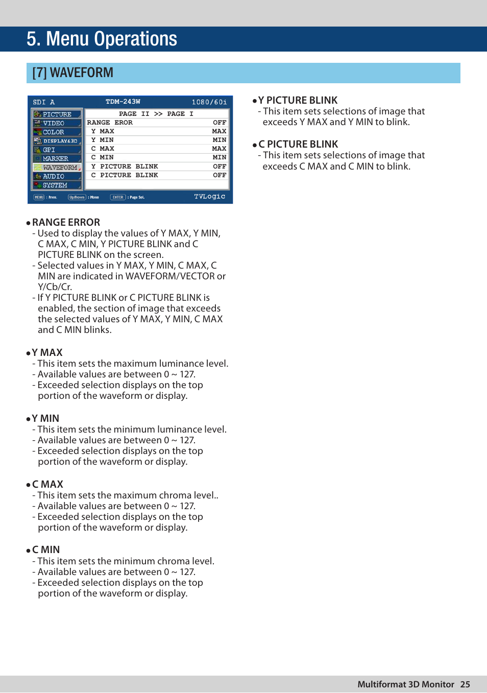 Menu operations, 7] waveform | TVLogic TDM-243W User Manual | Page 25 / 36