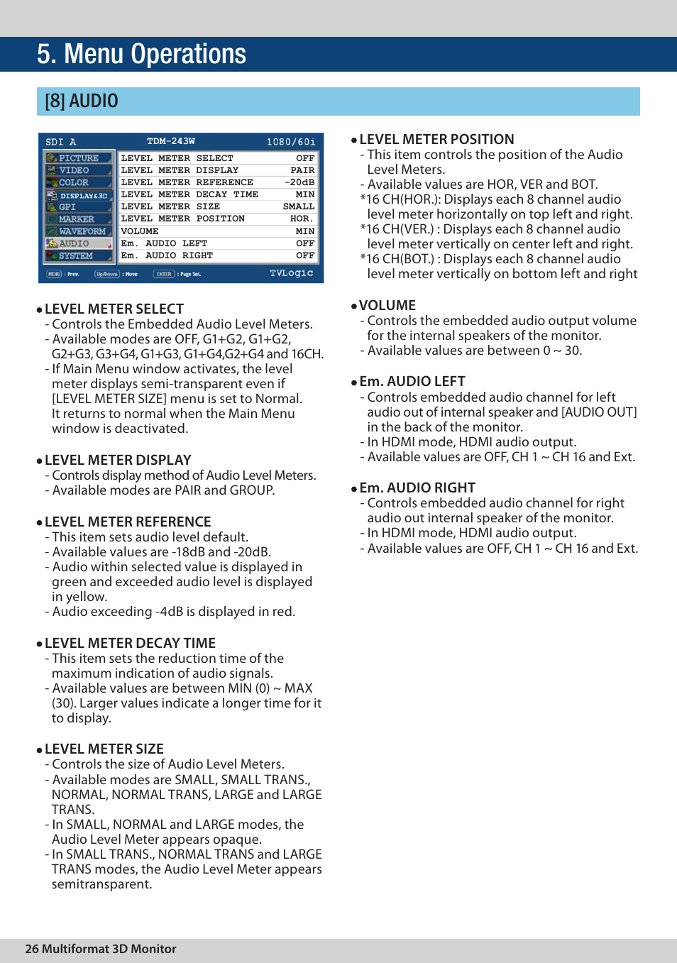 Menu operations, 8] audio | TVLogic TDM-243W User Manual | Page 26 / 36