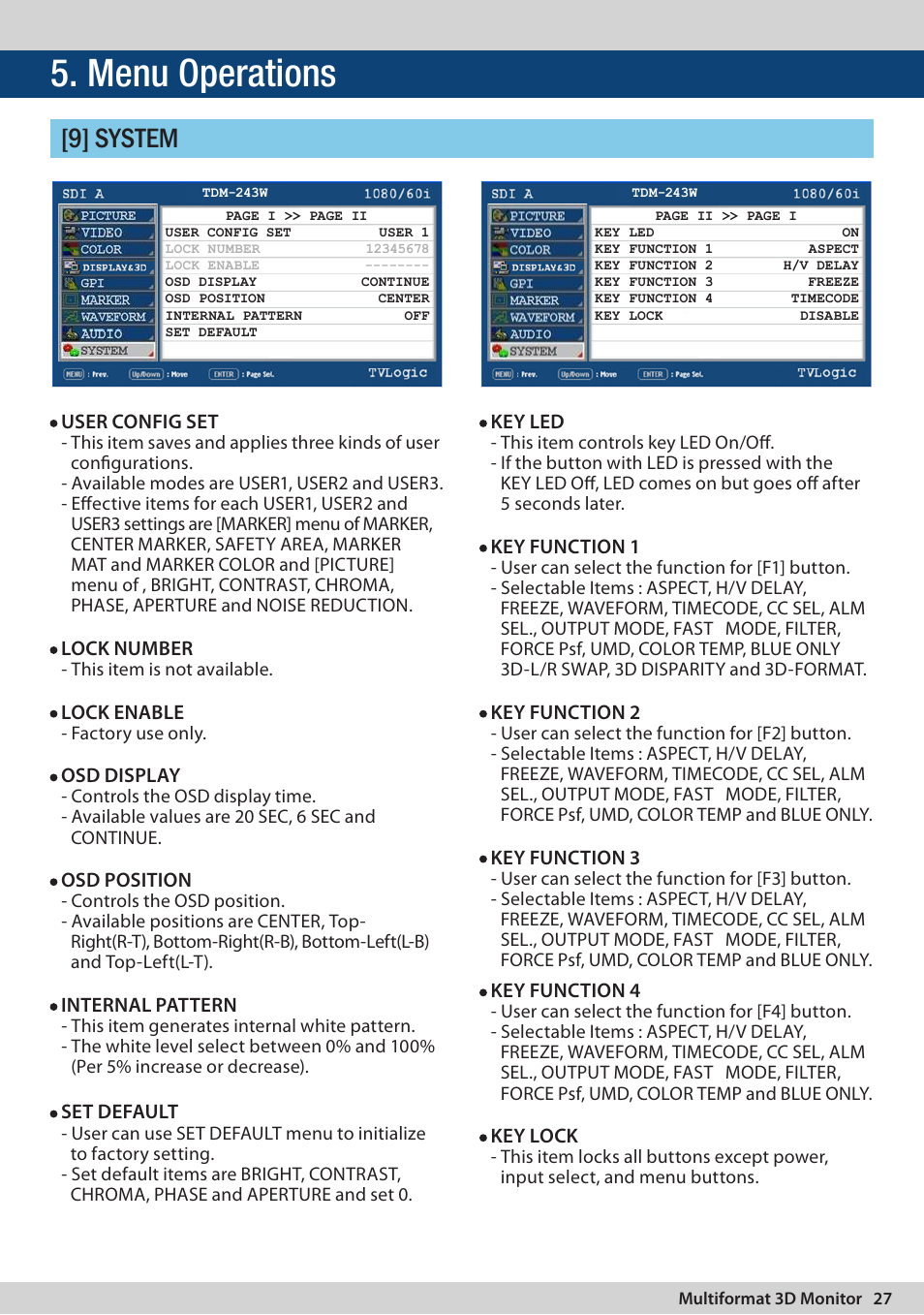 Menu operations, 9] system | TVLogic TDM-243W User Manual | Page 27 / 36