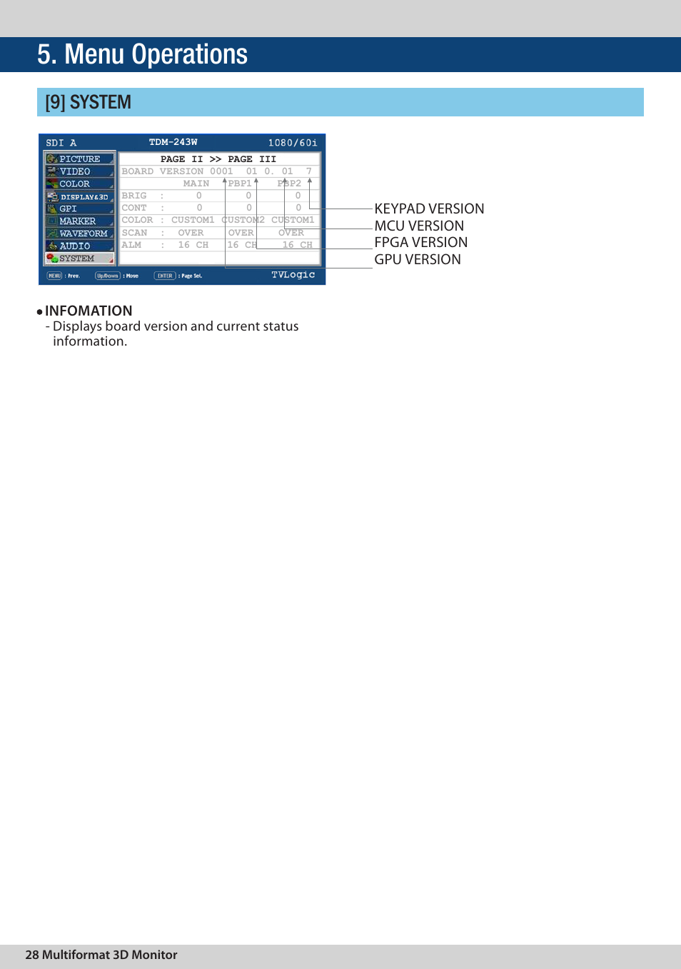 Menu operations, 9] system | TVLogic TDM-243W User Manual | Page 28 / 36