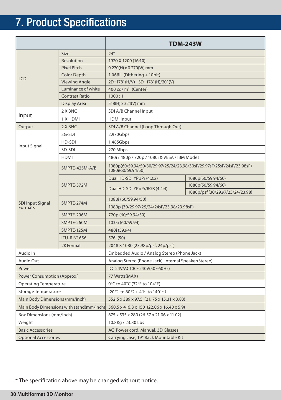 Product specifications, Tdm-243w, Input | TVLogic TDM-243W User Manual | Page 30 / 36