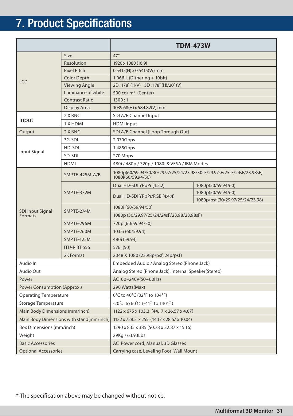 Product specifications, Tdm-473w, Input | TVLogic TDM-243W User Manual | Page 31 / 36