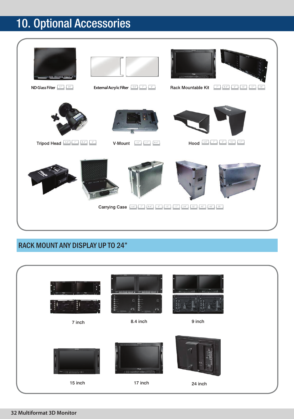 Optional accessories, Rack mount any display up to 24 | TVLogic TDM-243W User Manual | Page 32 / 36