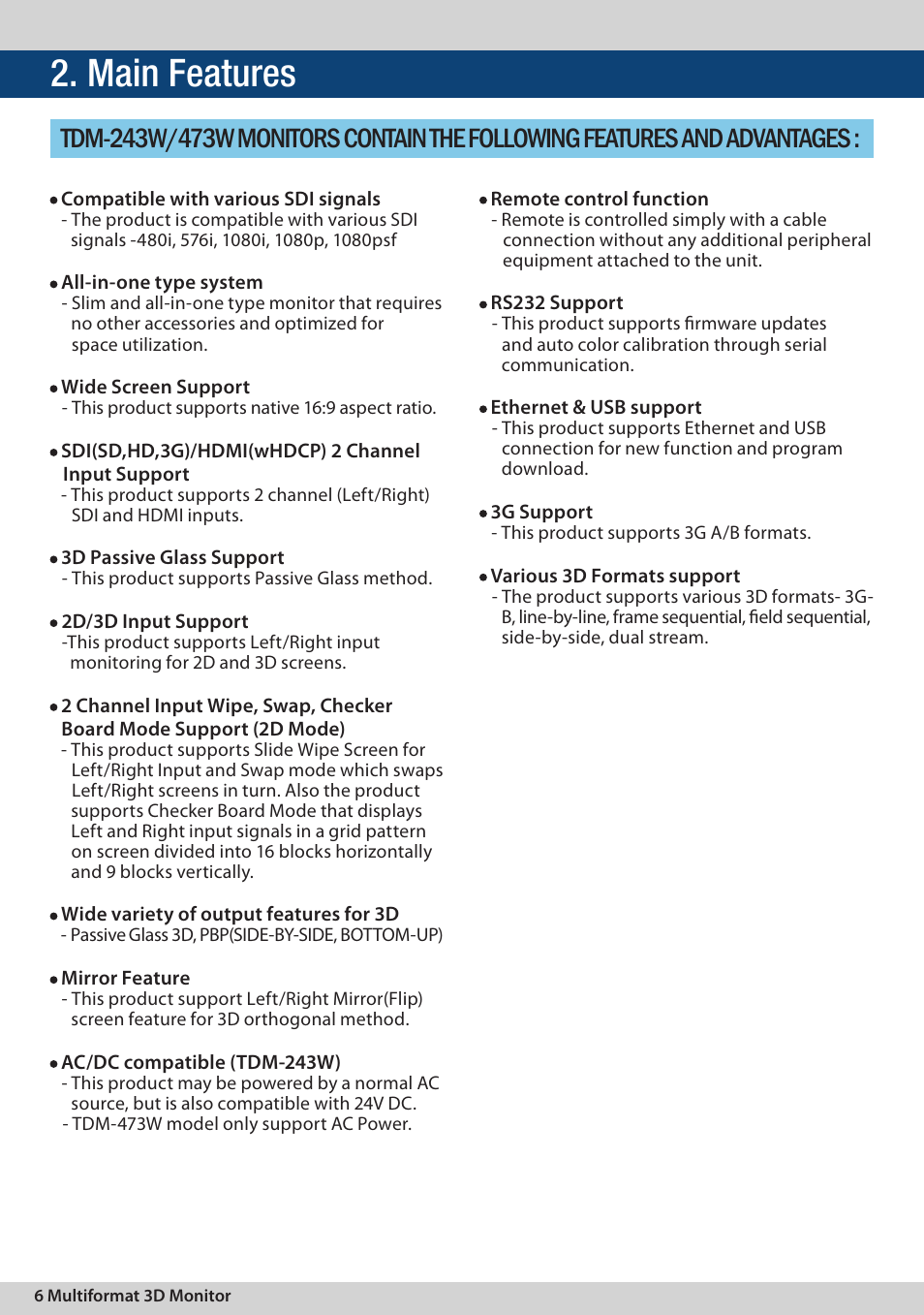 Main features | TVLogic TDM-243W User Manual | Page 6 / 36