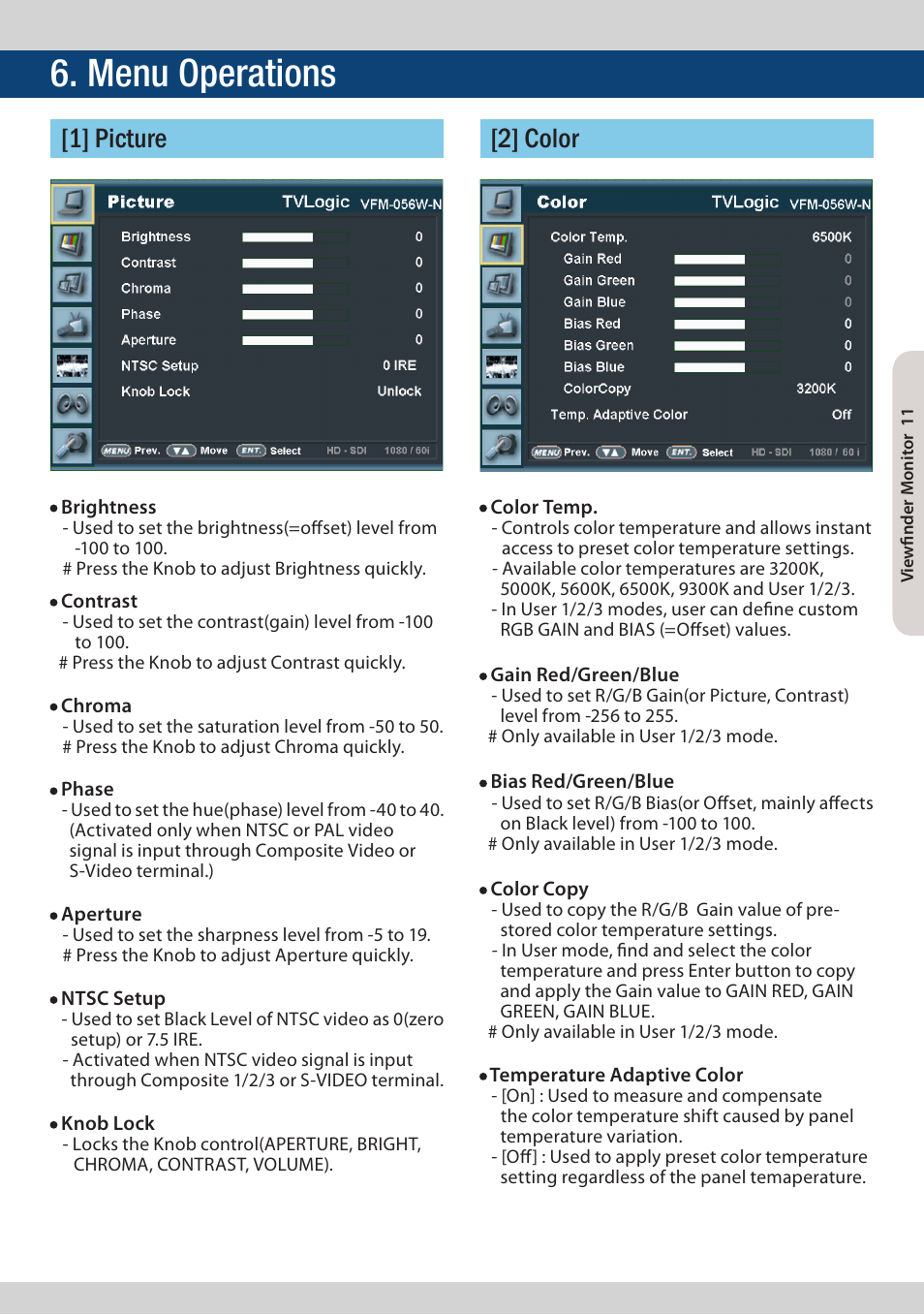 Menu operations, 1] picture [2] color | TVLogic VFM-056W User Manual | Page 11 / 32