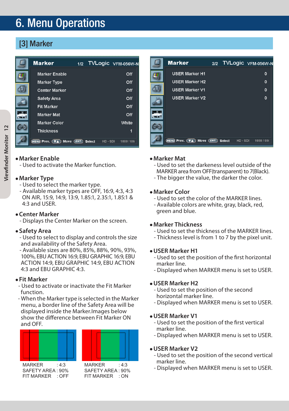 Menu operations, 3] marker | TVLogic VFM-056W User Manual | Page 12 / 32