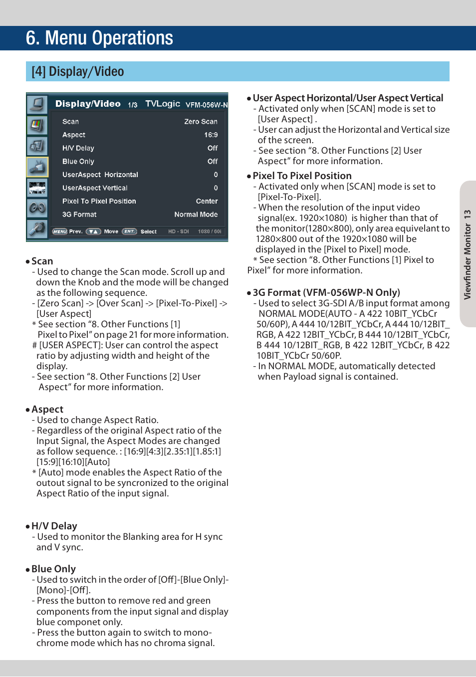 Menu operations, 4] display/video | TVLogic VFM-056W User Manual | Page 13 / 32