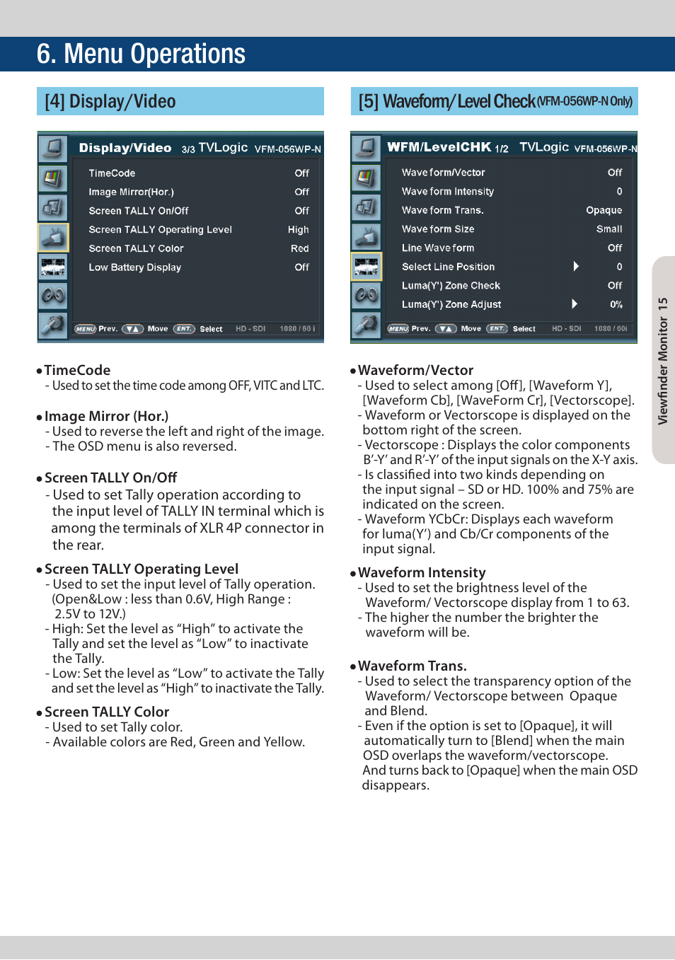 Menu operations, 4] display/video [5] waveform / level check | TVLogic VFM-056W User Manual | Page 15 / 32