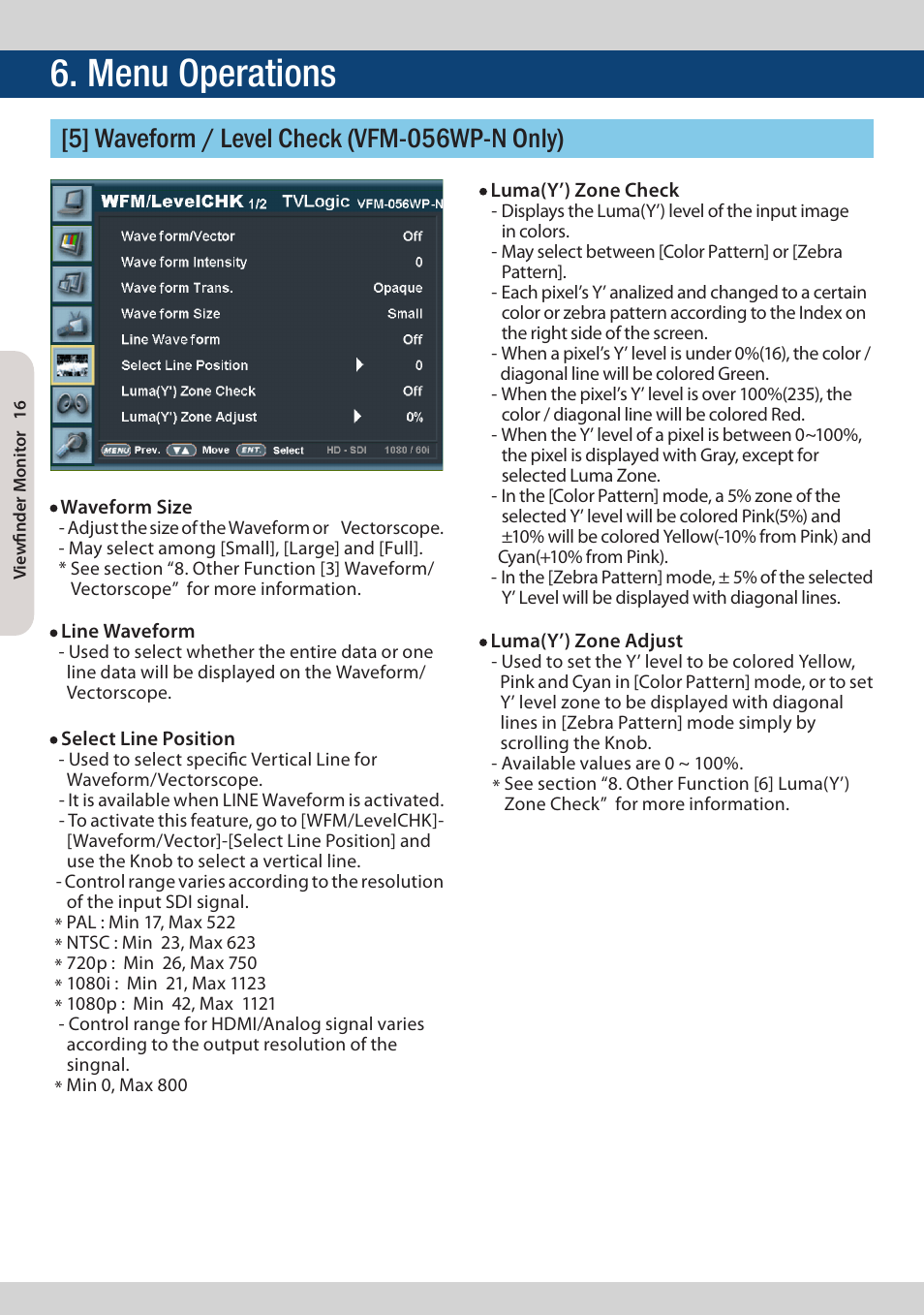 Menu operations, 5] waveform / level check (vfm-056wp-n only) | TVLogic VFM-056W User Manual | Page 16 / 32