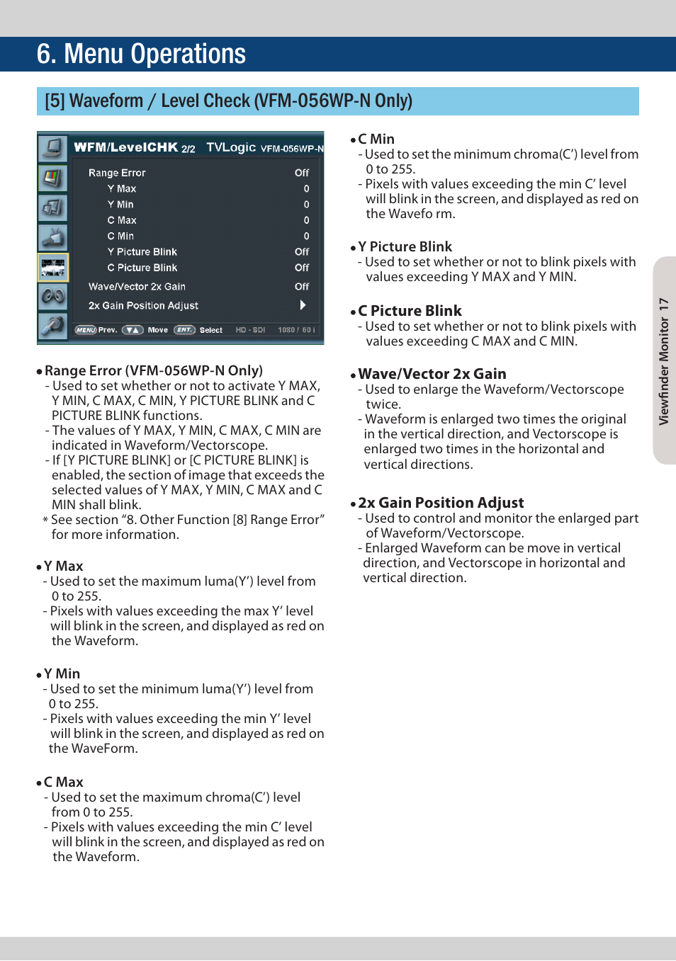 Menu operations, 5] waveform / level check (vfm-056wp-n only) | TVLogic VFM-056W User Manual | Page 17 / 32