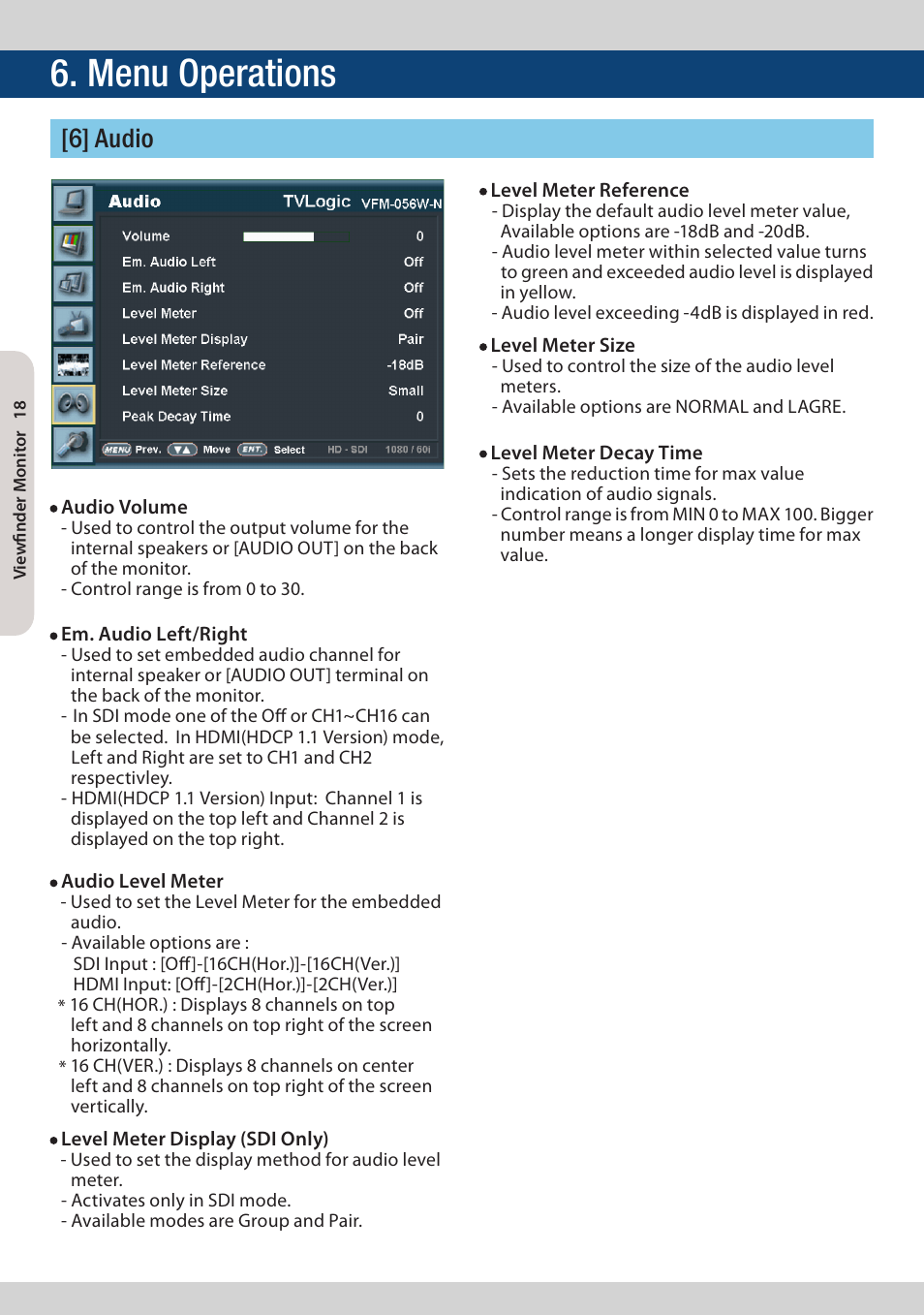 Menu operations, 6] audio | TVLogic VFM-056W User Manual | Page 18 / 32