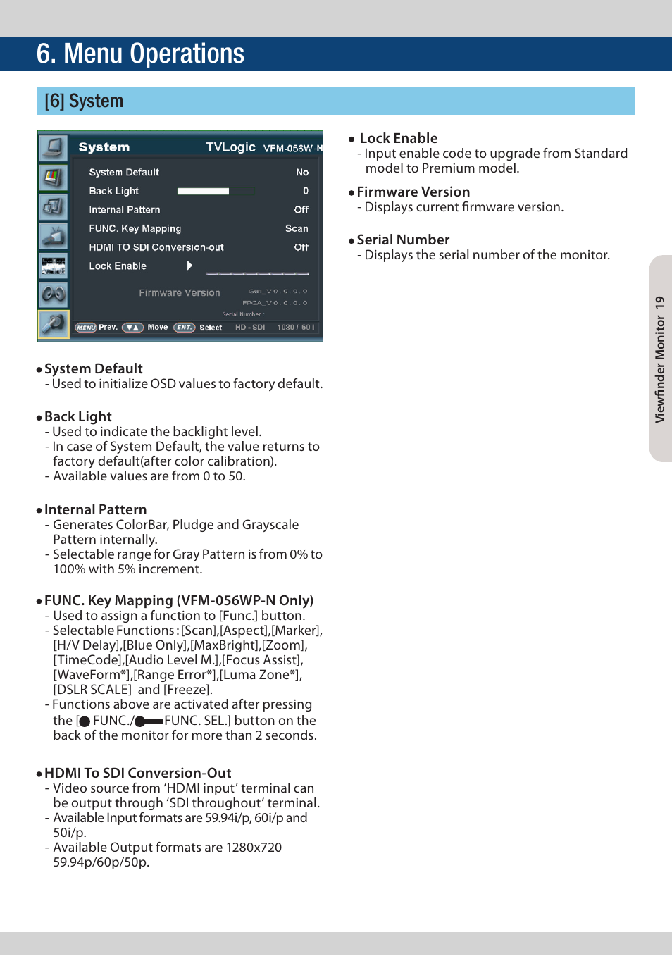 Menu operations, 6] system | TVLogic VFM-056W User Manual | Page 19 / 32