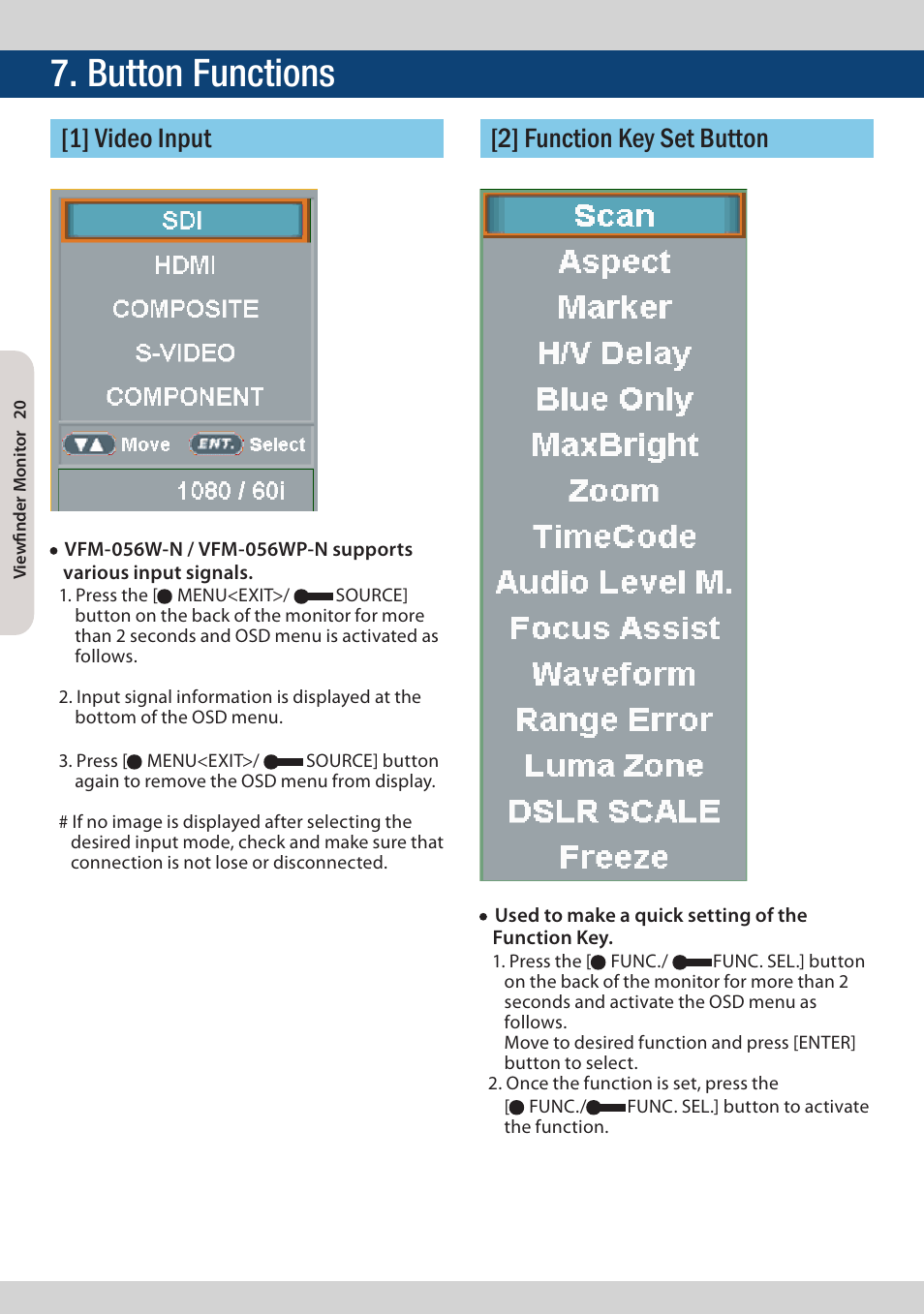 Button functions, 2] function key set button [1] video input | TVLogic VFM-056W User Manual | Page 20 / 32
