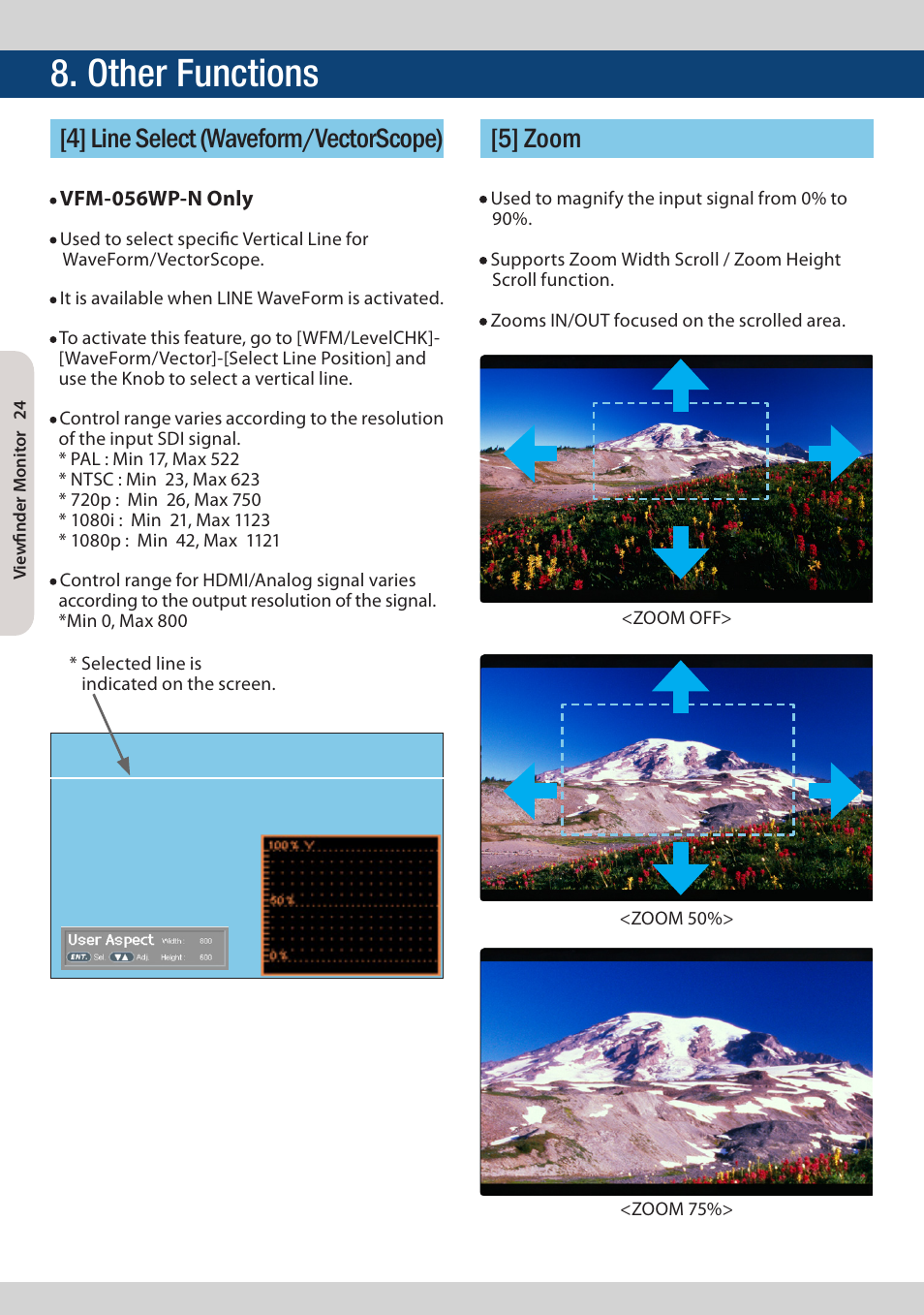 Other functions, 4] line select (waveform/vectorscope) [5] zoom | TVLogic VFM-056W User Manual | Page 24 / 32