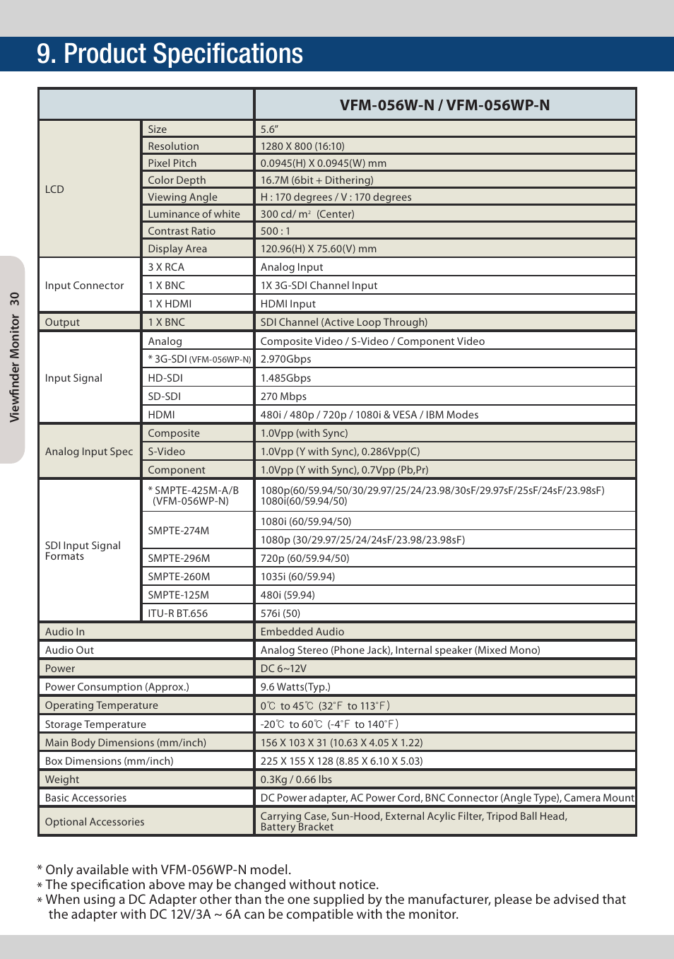 Product specifications | TVLogic VFM-056W User Manual | Page 30 / 32