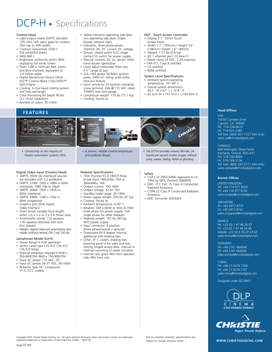 Dcp-h, Specifications | Christie Digital Systems DCP-H User Manual | Page 2 / 2