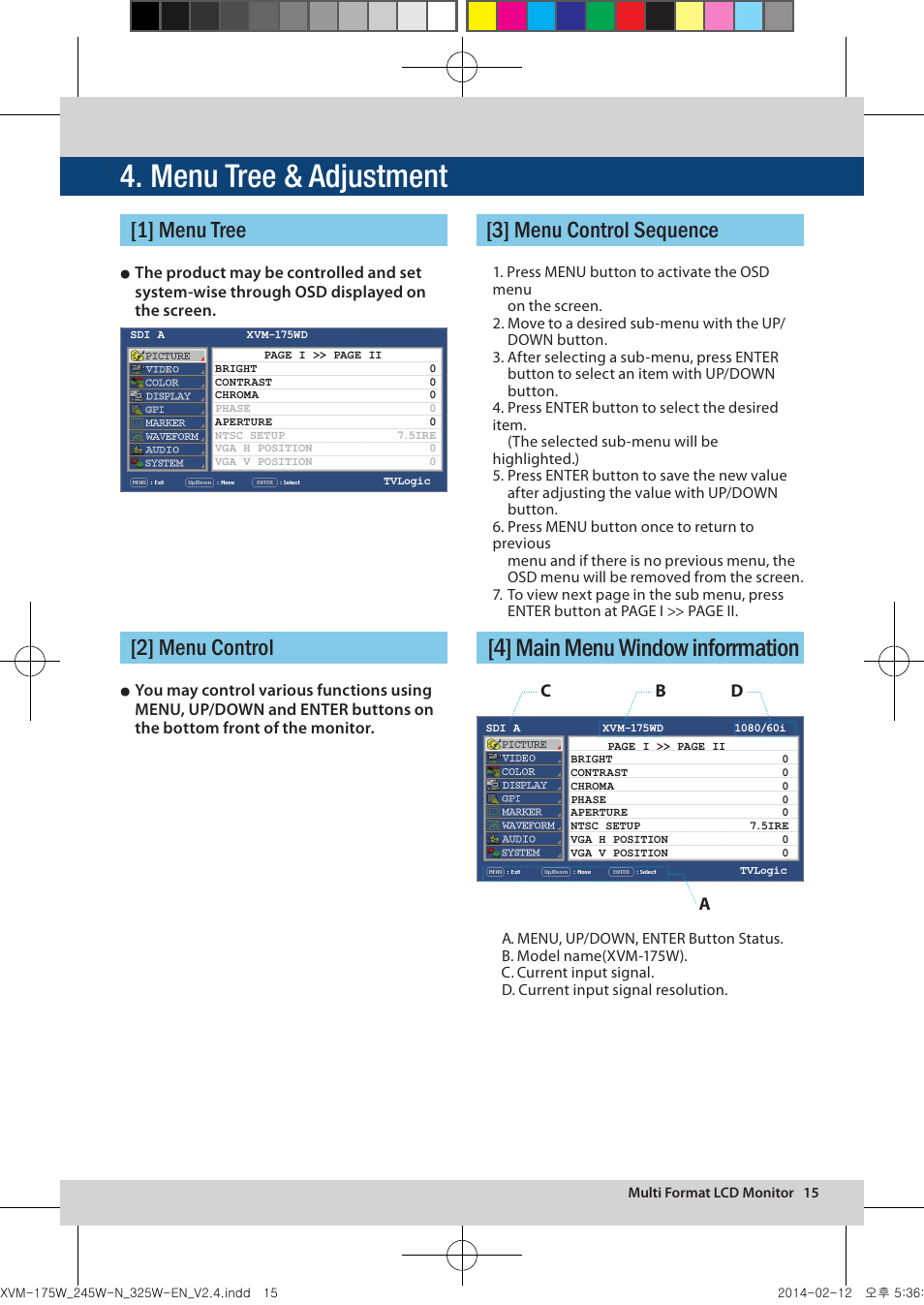 Menu tree & adjustment, 4] main menu window inforrmation, Ac b d | TVLogic XVM-175W User Manual | Page 15 / 44