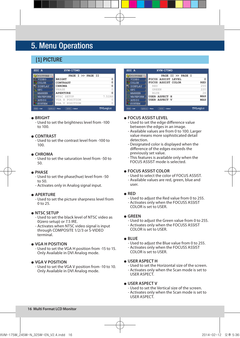 Menu operations, 1] picture | TVLogic XVM-175W User Manual | Page 16 / 44