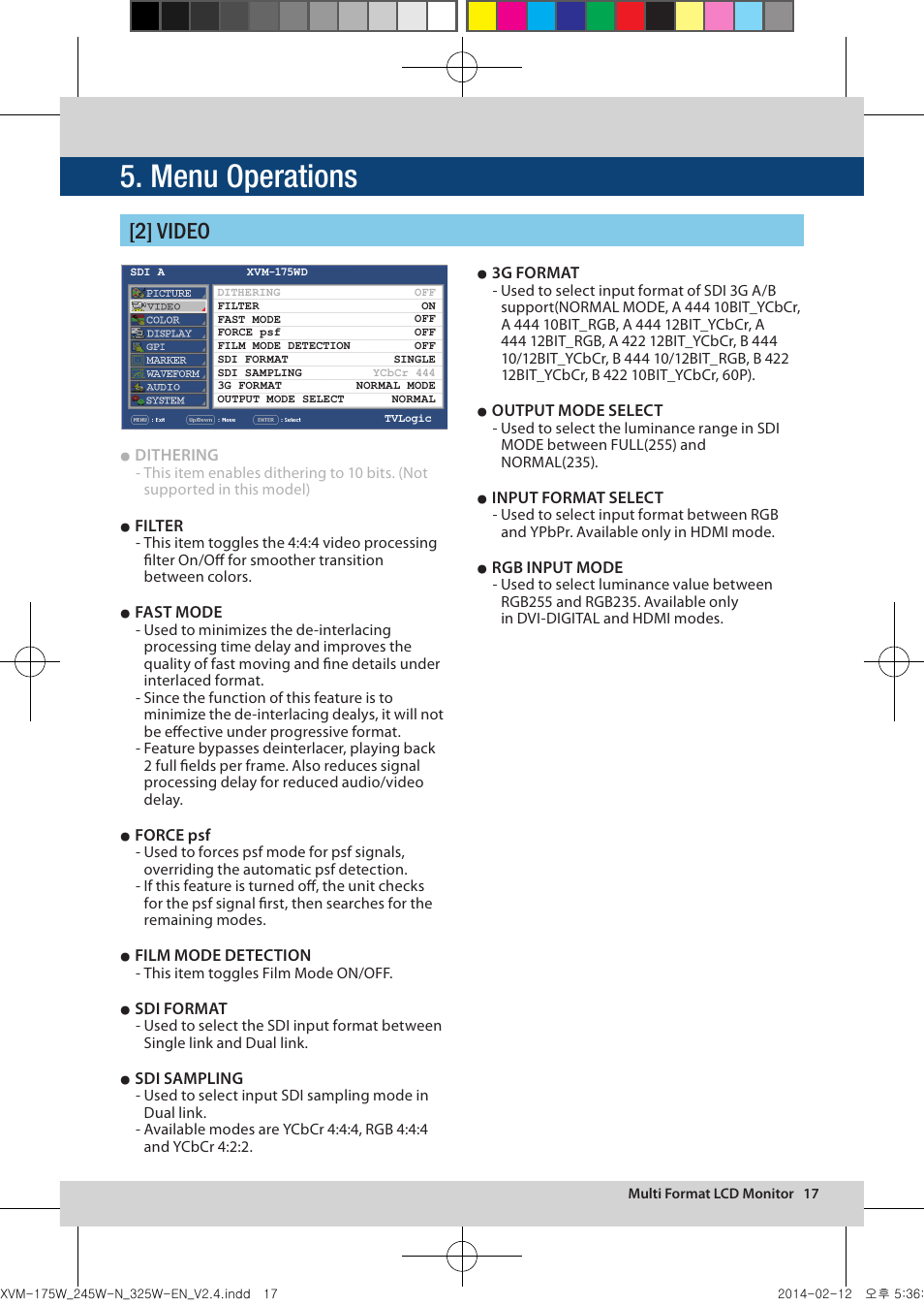 Menu operations, 2] video | TVLogic XVM-175W User Manual | Page 17 / 44