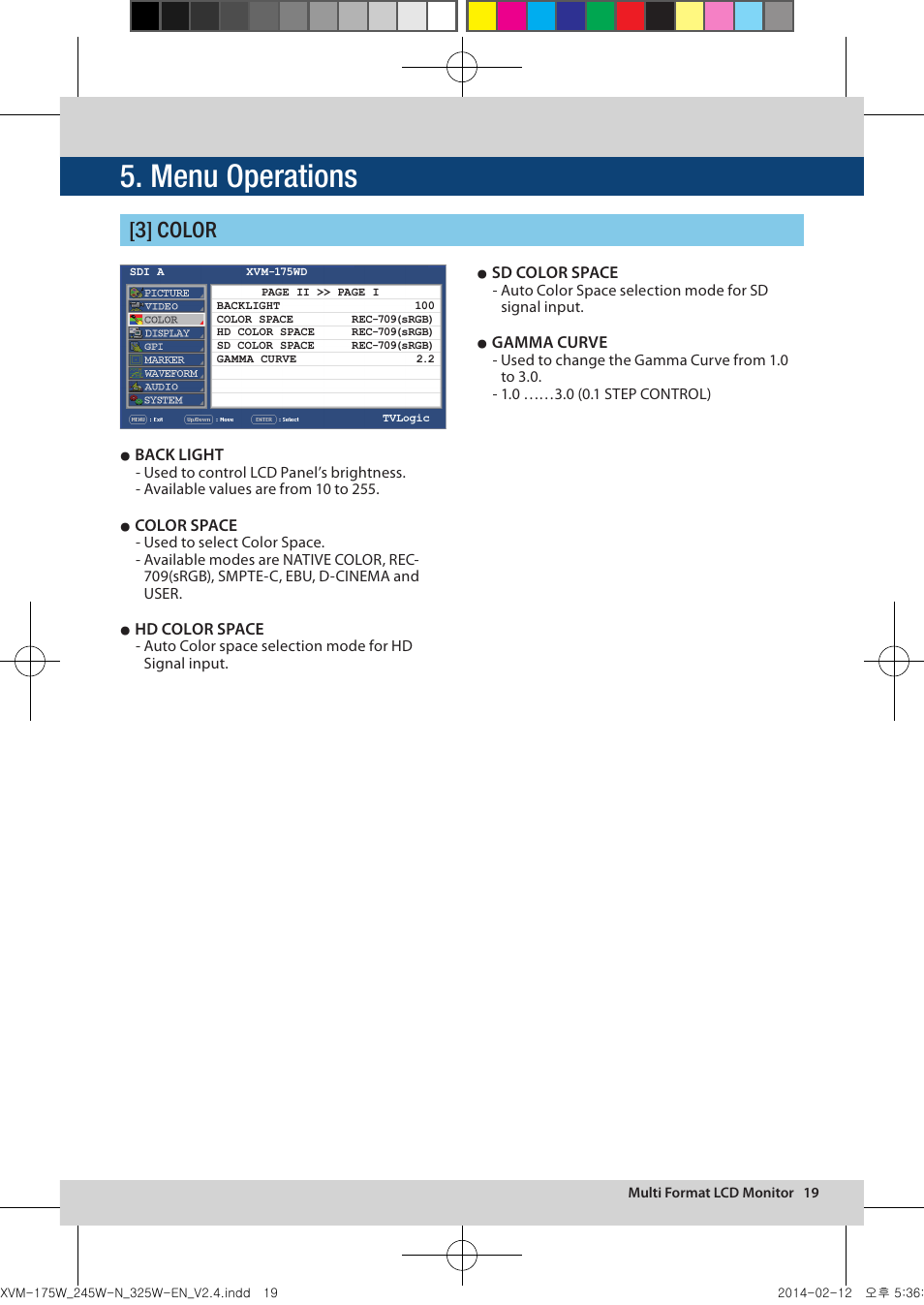 Menu operations, 3] color | TVLogic XVM-175W User Manual | Page 19 / 44