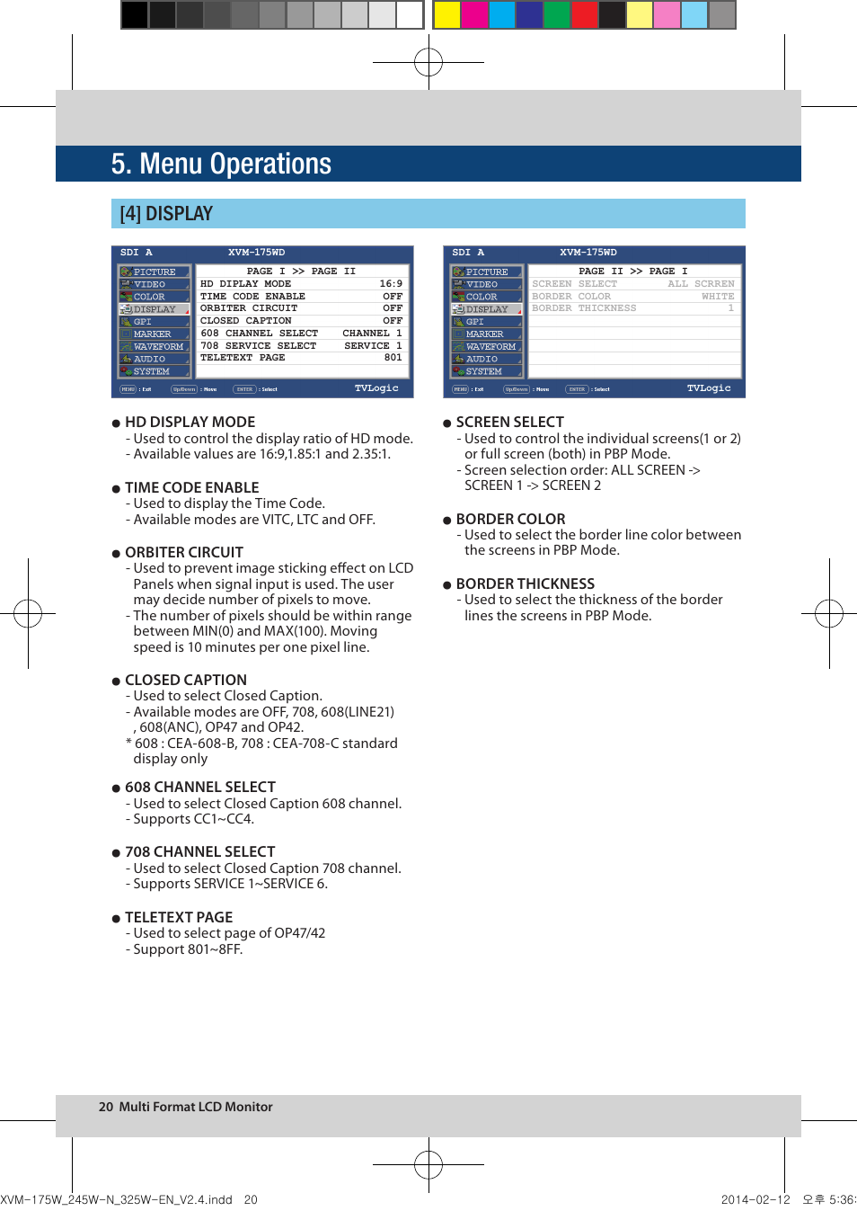 Menu operations, 4] display | TVLogic XVM-175W User Manual | Page 20 / 44