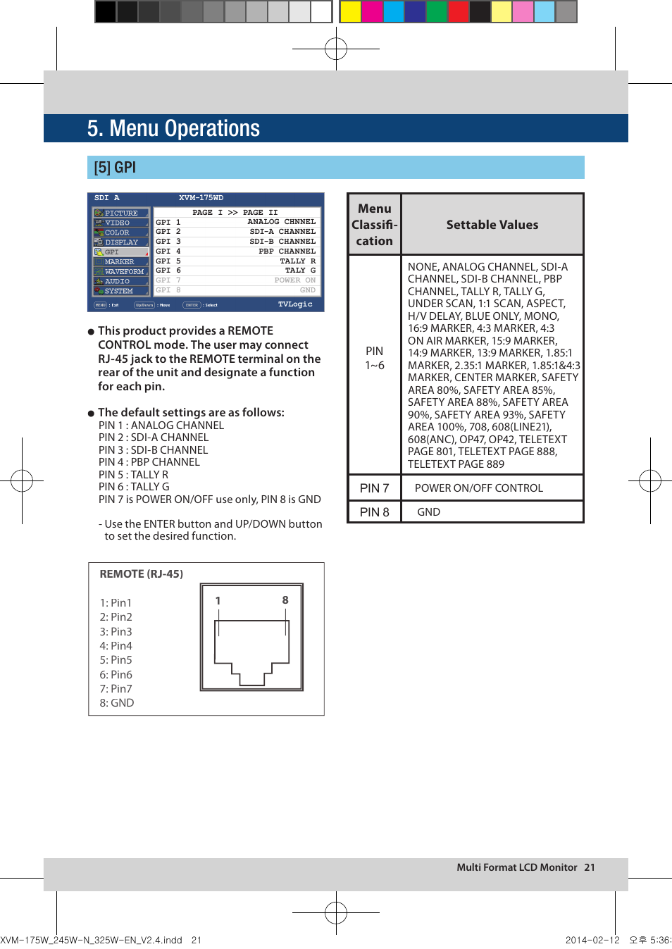 Menu operations, 5] gpi | TVLogic XVM-175W User Manual | Page 21 / 44