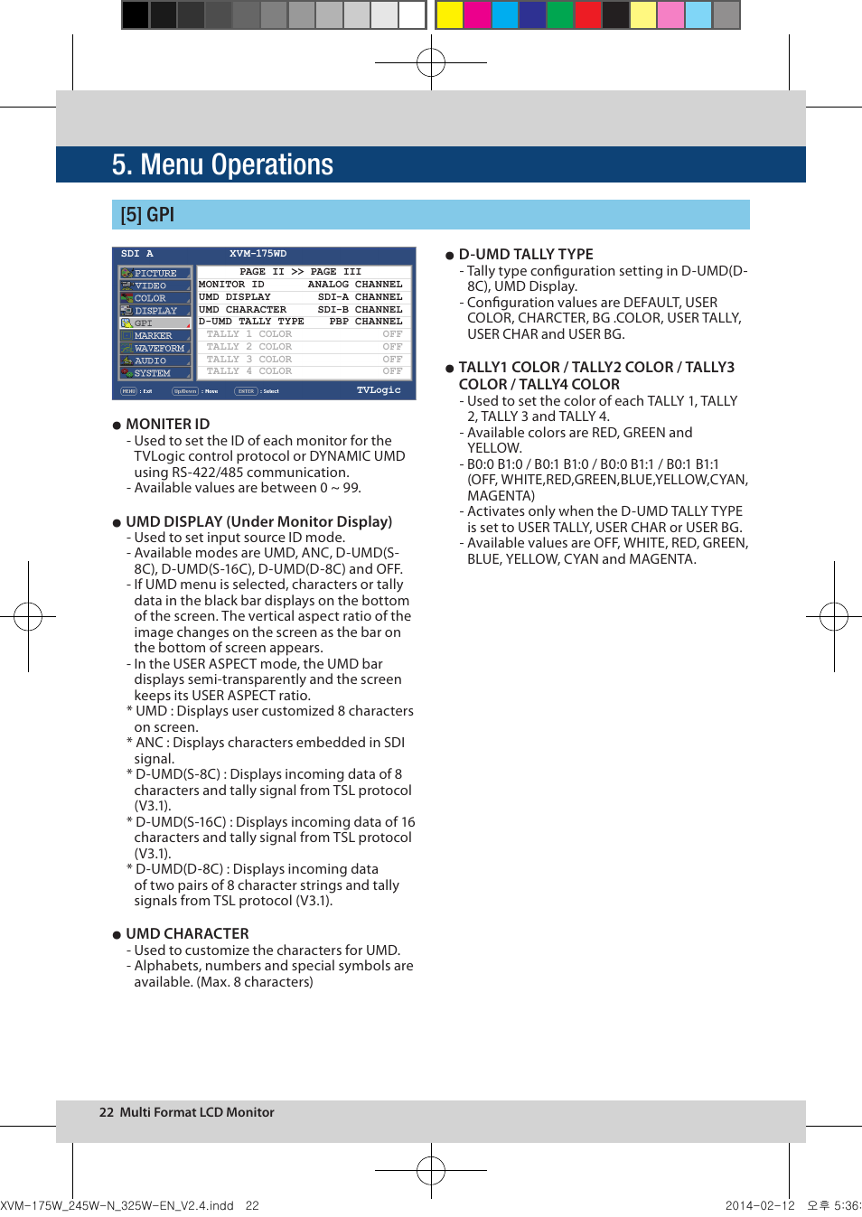 Menu operations, 5] gpi | TVLogic XVM-175W User Manual | Page 22 / 44