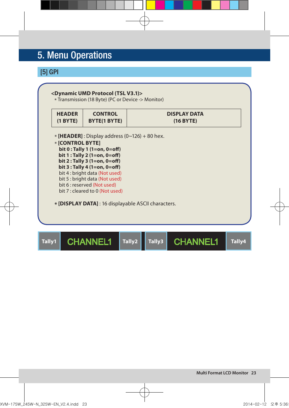 Menu operations, Channel1, 5] gpi | TVLogic XVM-175W User Manual | Page 23 / 44