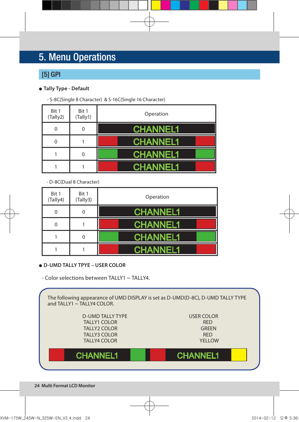 Menu operations, Channel1, Channel1 channel1 | 5] gpi | TVLogic XVM-175W User Manual | Page 24 / 44