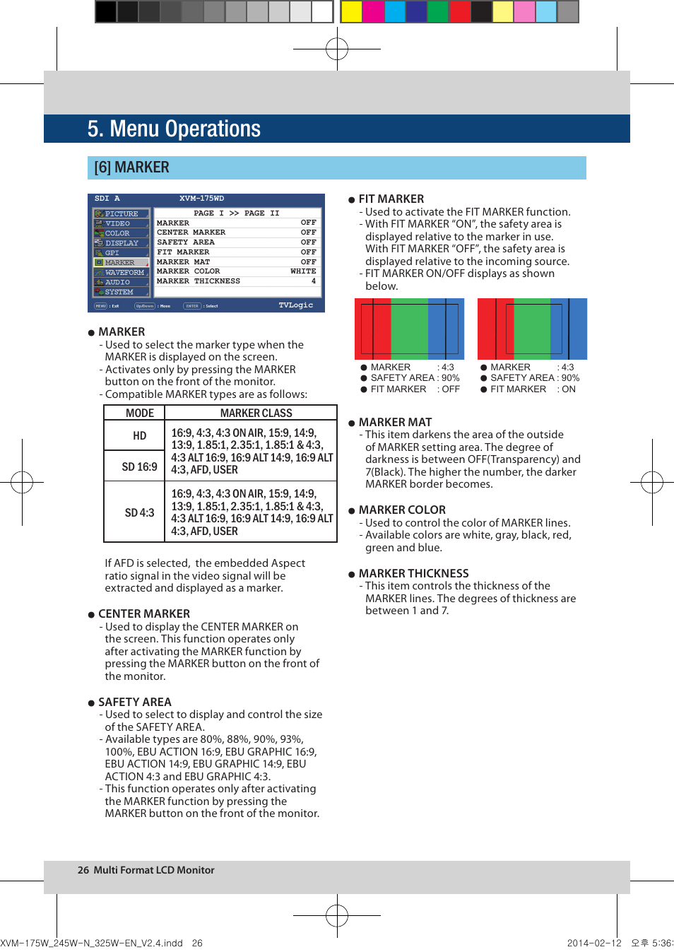 Menu operations, 6] marker | TVLogic XVM-175W User Manual | Page 26 / 44