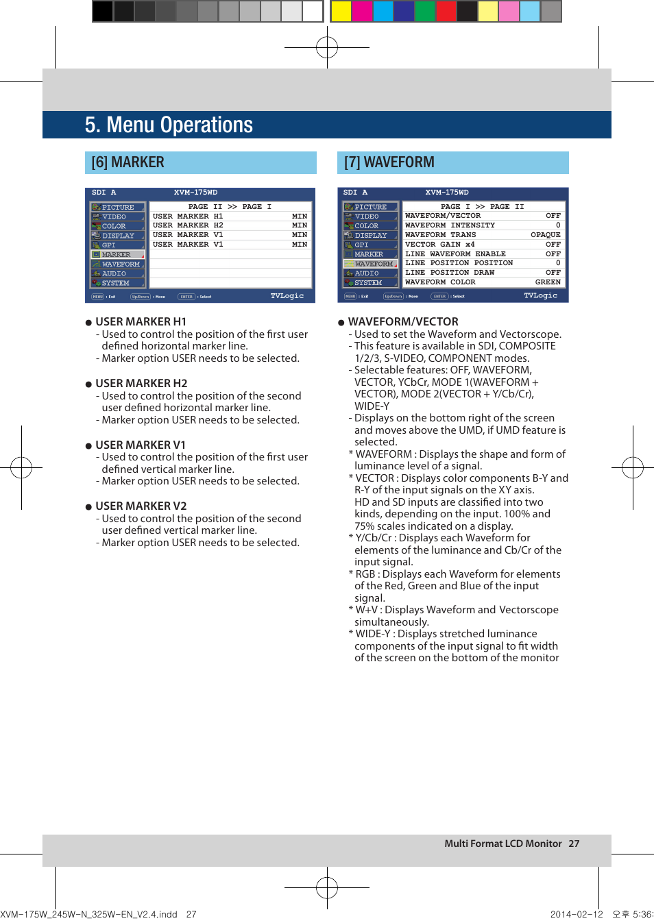 Menu operations, 6] marker [7] waveform | TVLogic XVM-175W User Manual | Page 27 / 44