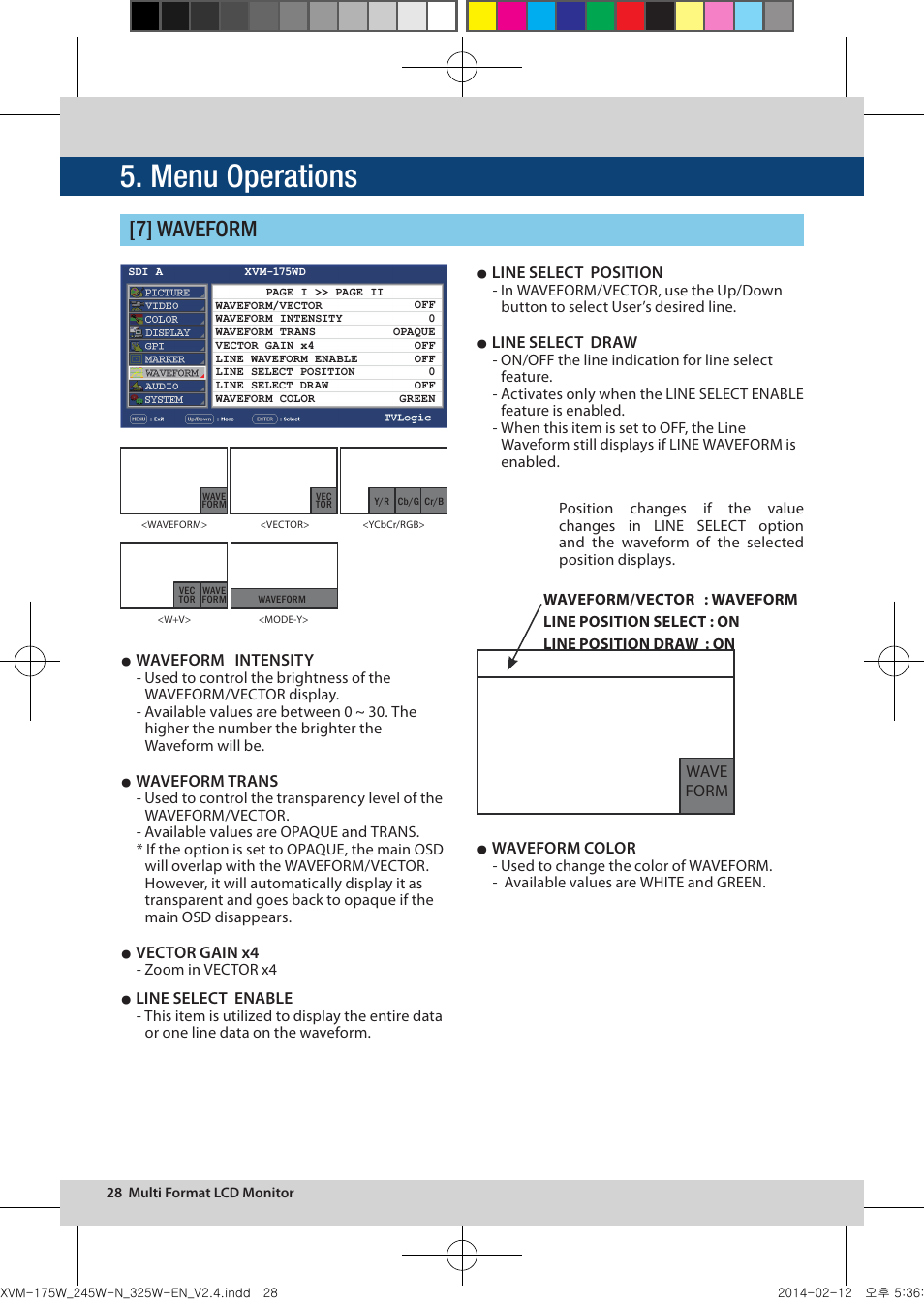 Menu operations, 7] waveform | TVLogic XVM-175W User Manual | Page 28 / 44