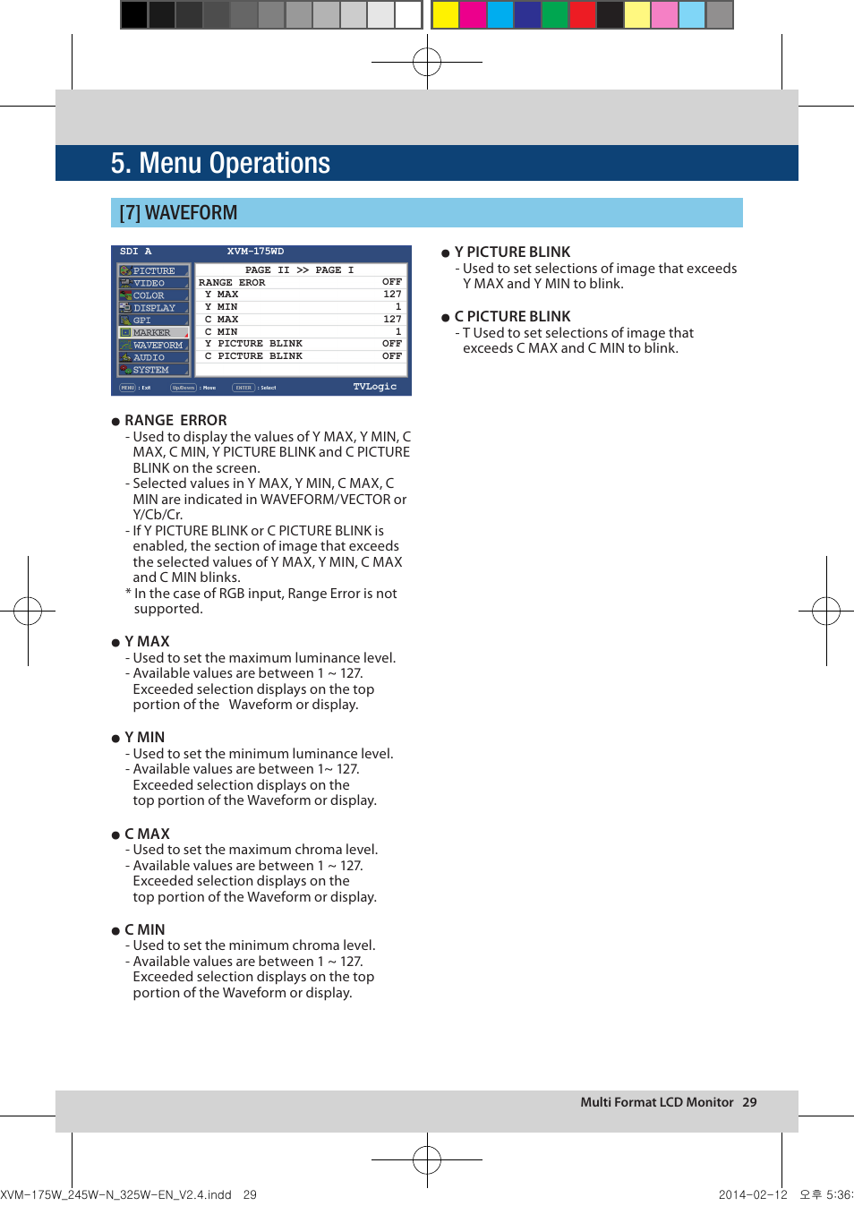 Menu operations, 7] waveform | TVLogic XVM-175W User Manual | Page 29 / 44