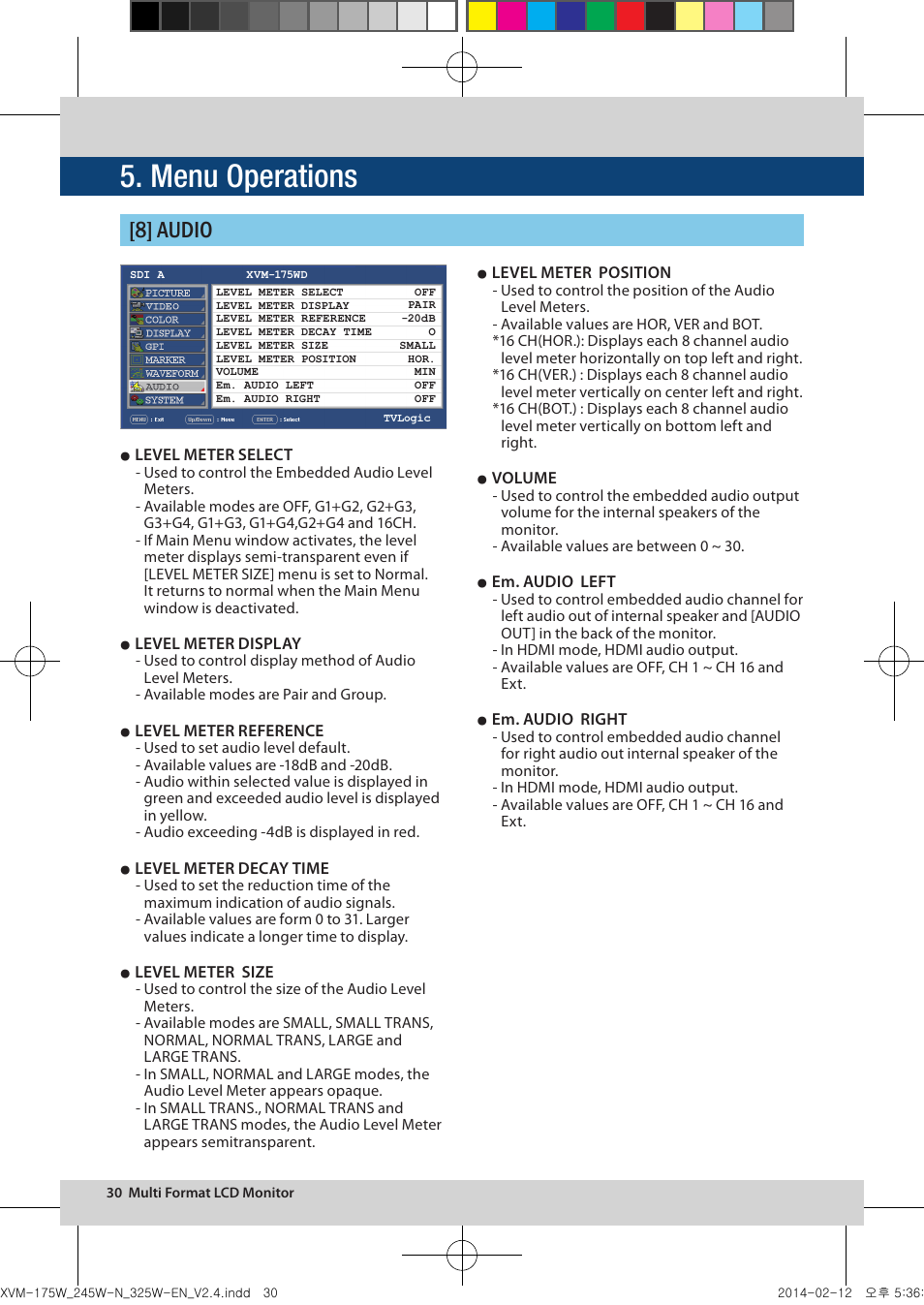 Menu operations, 8] audio | TVLogic XVM-175W User Manual | Page 30 / 44