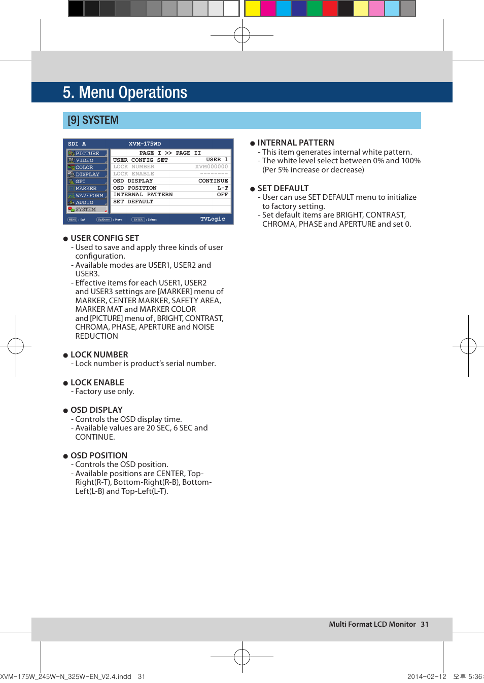 Menu operations, 9] system | TVLogic XVM-175W User Manual | Page 31 / 44