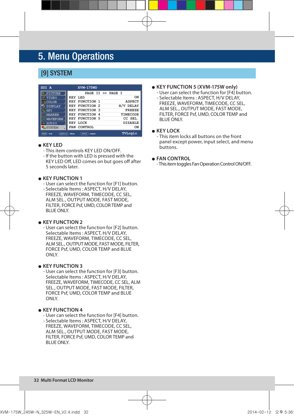 Menu operations, 9] system | TVLogic XVM-175W User Manual | Page 32 / 44