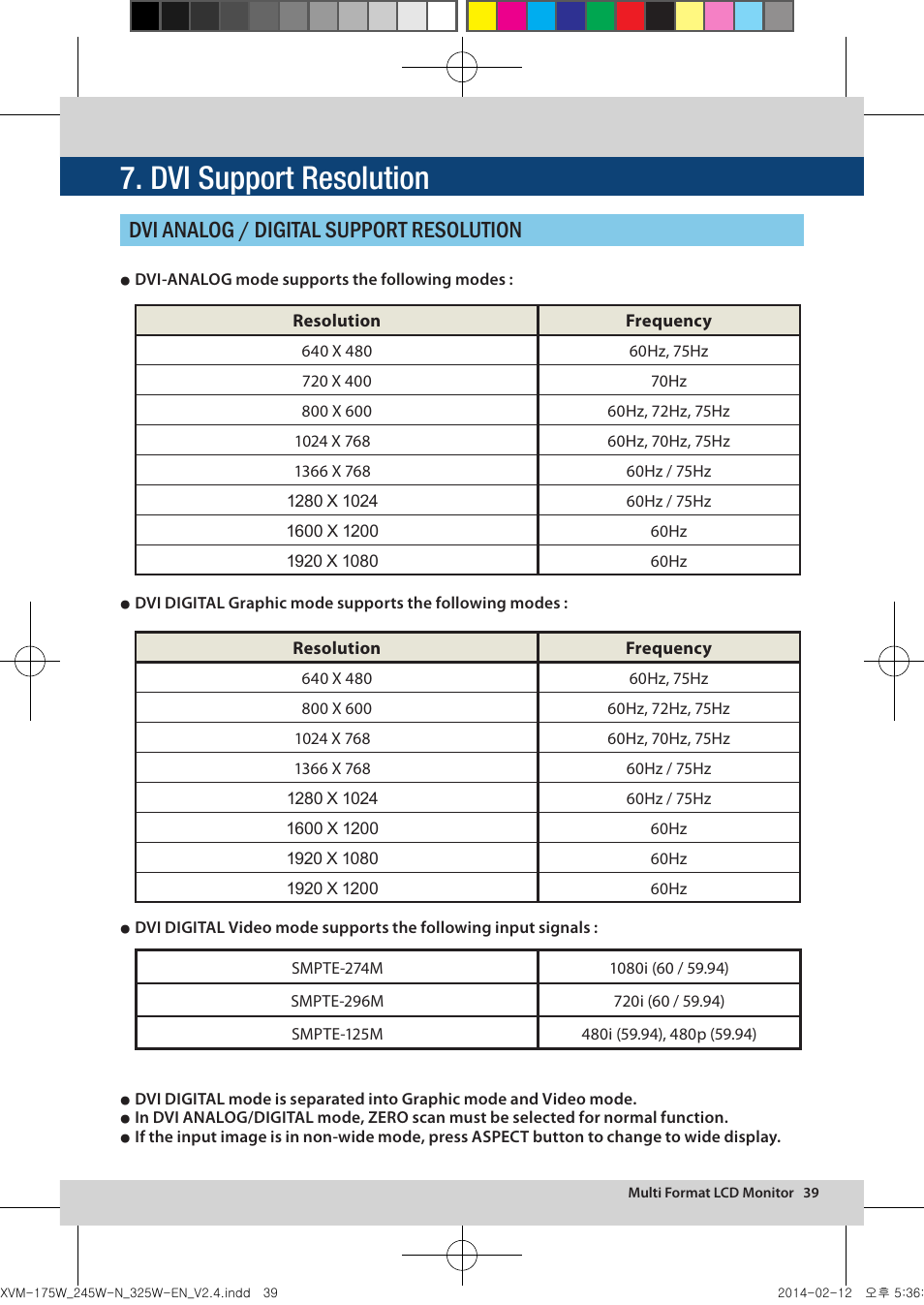 Dvi support resolution, Dvi analog / digital support resolution | TVLogic XVM-175W User Manual | Page 39 / 44