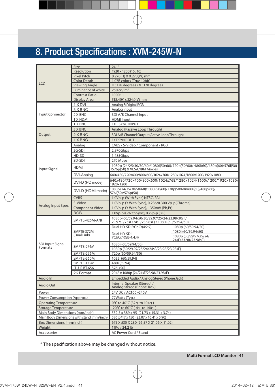 Product specifications : xvm-245w-n | TVLogic XVM-175W User Manual | Page 41 / 44