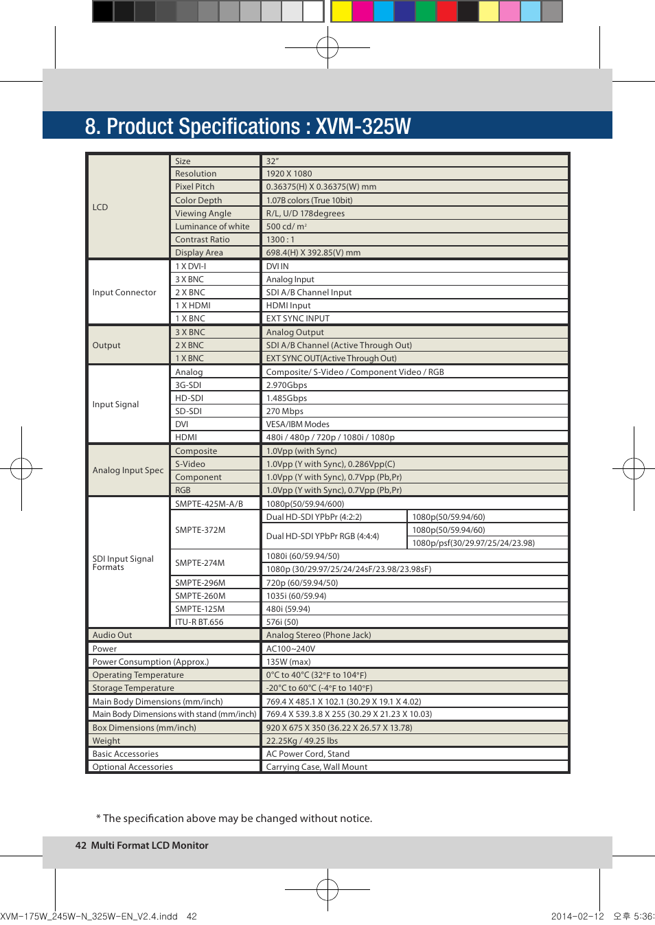 Product specifications : xvm-325w | TVLogic XVM-175W User Manual | Page 42 / 44