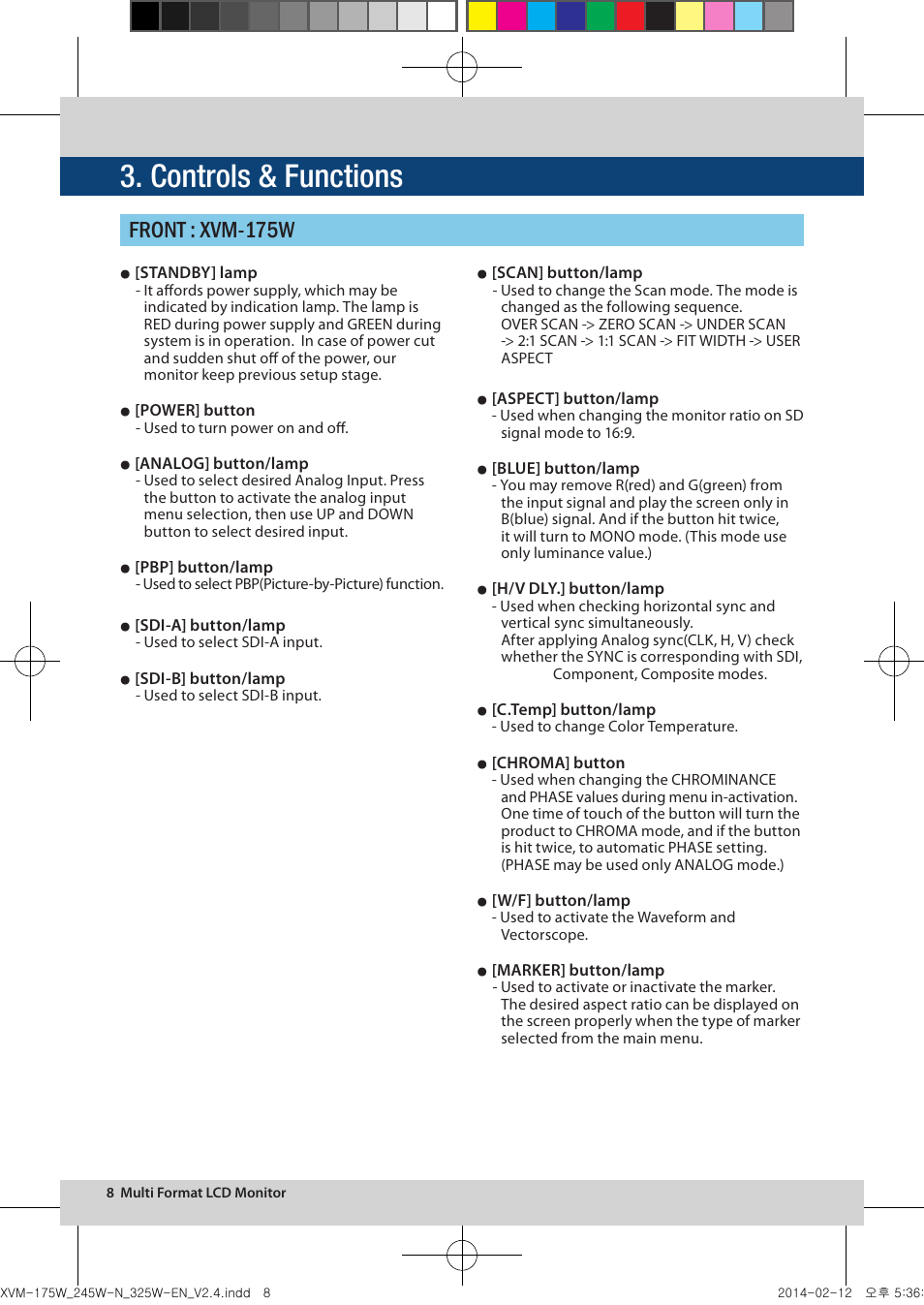 Controls & functions, Front : xvm-175w | TVLogic XVM-175W User Manual | Page 8 / 44